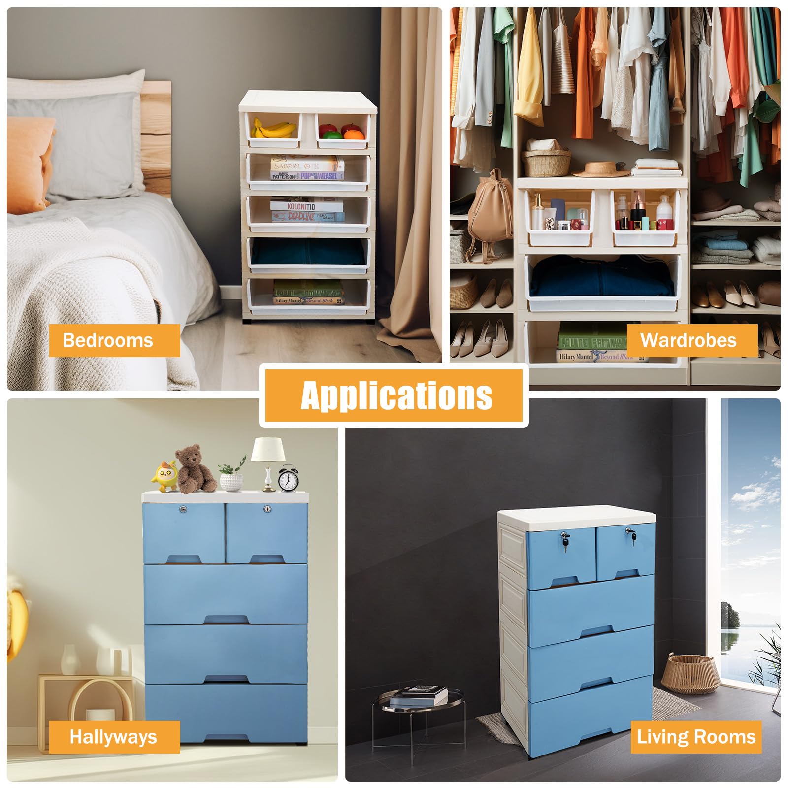 6-Drawer Plastic Storage Tower Organizer - 40 x 19.7 Inch Multi-Layer Dresser for Closet, Bedroom & Office (Blue) | Space-Saving Home Storage Solution for Clothes, Toys & Accessories