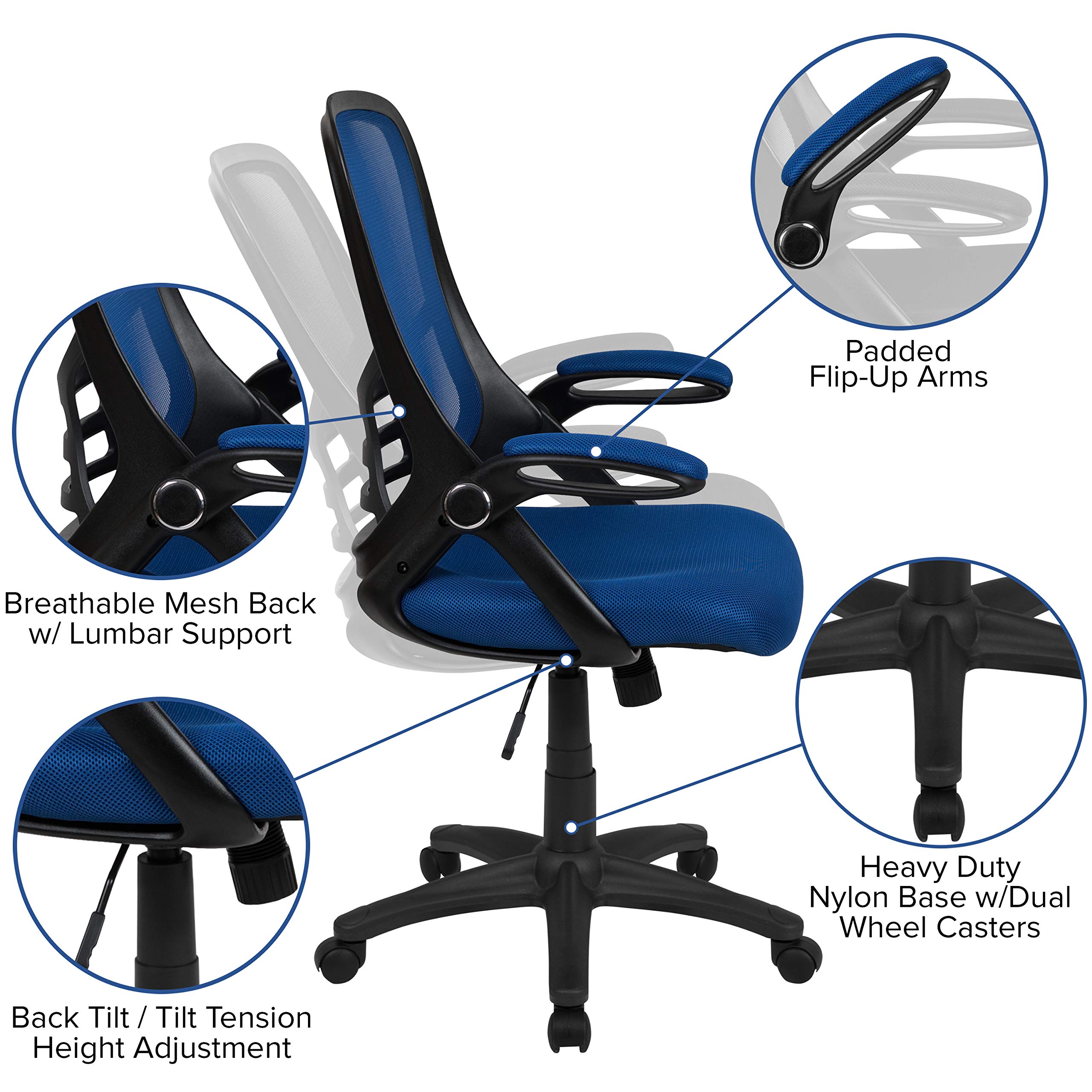 Ergonomic High Back Office Chair with Blue Mesh & Black Frame - Flip-Up Arms for Comfort & Support - Perfect for Home Office, Gaming & Workspaces