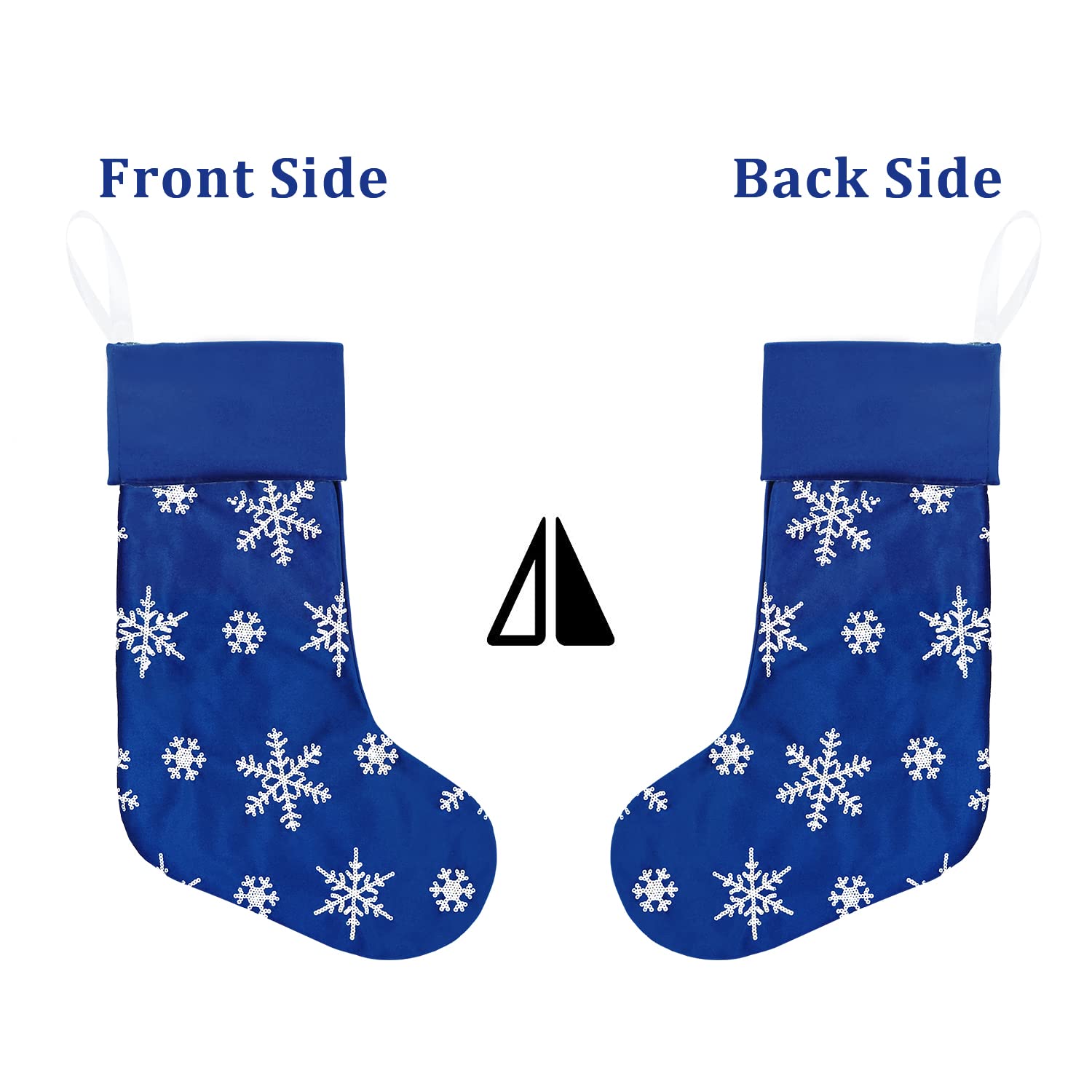 4-Pack 18 Inch Blue Mercerized Velvet Christmas Stockings with Silver Sequin Snowflake Design - Holiday Decor for Family, Xmas Party & Fireplace Mantel Decorations