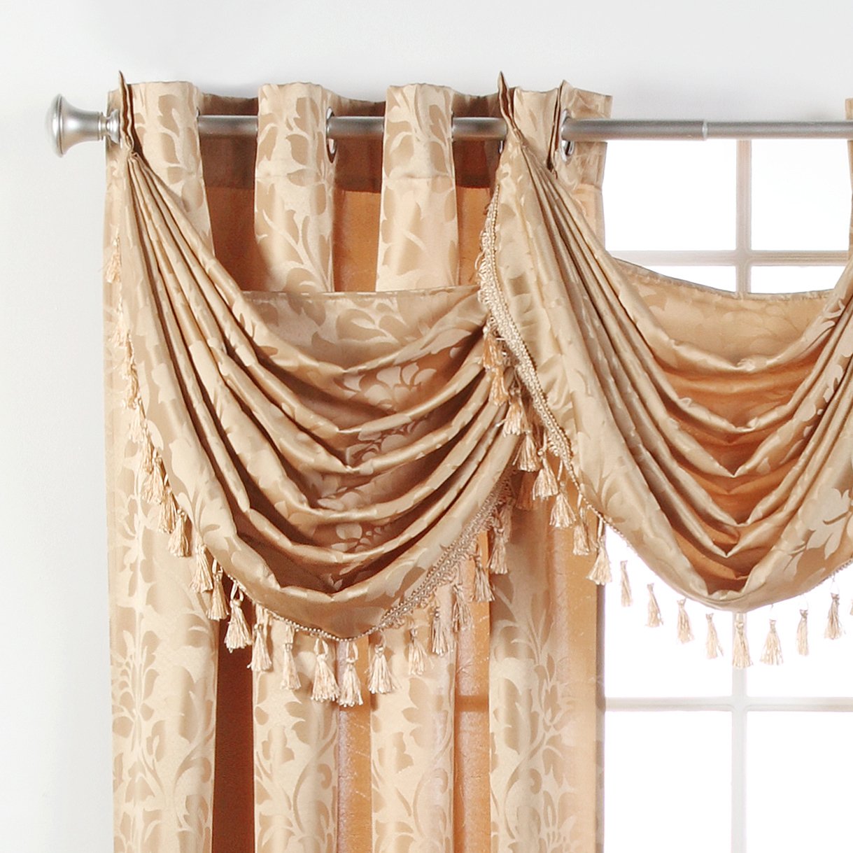 Renaissance Home Fashion Leah Jacquard Grommet Waterfall Valance with Tassel - 36 x 37 Inches - Mist - Elegant Window Treatment for Living Room, Bedroom & Dining Room Decor