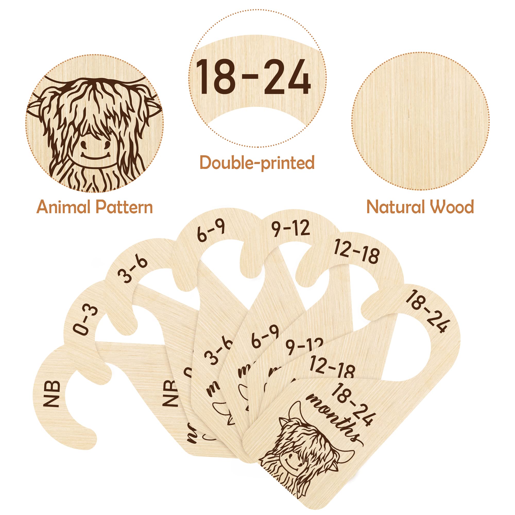 Highland Cow Baby Closet Dividers - 8Pcs Double Sided Nursery Organizers with Wood Size Markers (0-24 Months) - Perfect for Baby Boy & Girl Wardrobe Organization, Ideal as Birthday & Christmas Gifts for New Parents