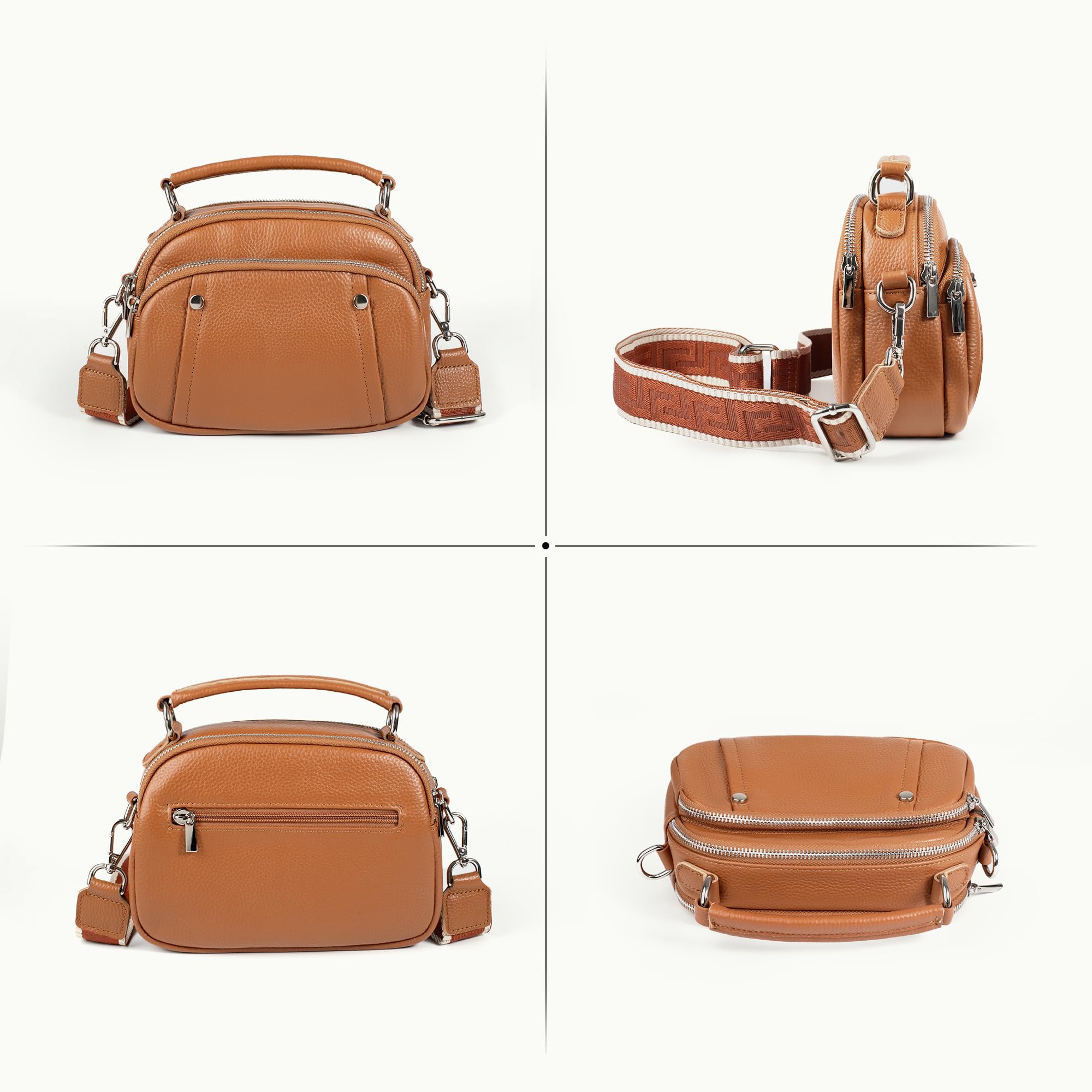 Befen Genuine Leather Camera Crossbody Bag for Women - Triple Zip Shoulder Purse with Adjustable Wide Strap | Perfect for Travel, Photography & Everyday Use
