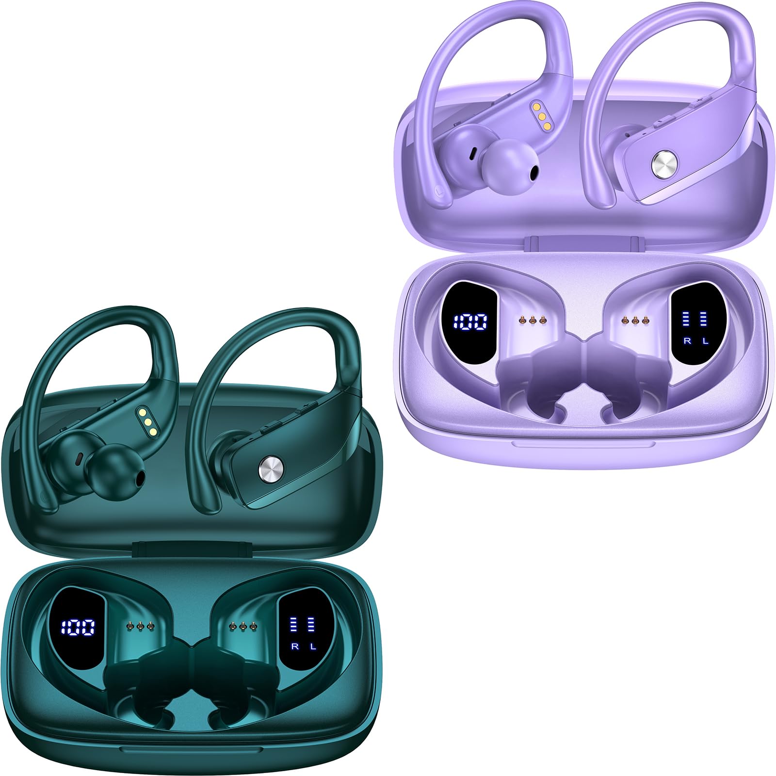 Bmani 2 Pairs Wireless Bluetooth Earbuds with LED Display - 48H Playtime, Built-in Mic, Earhooks for Secure Fit - Green & Purple - Perfect for Workouts, Running, Gym & Outdoor Sports