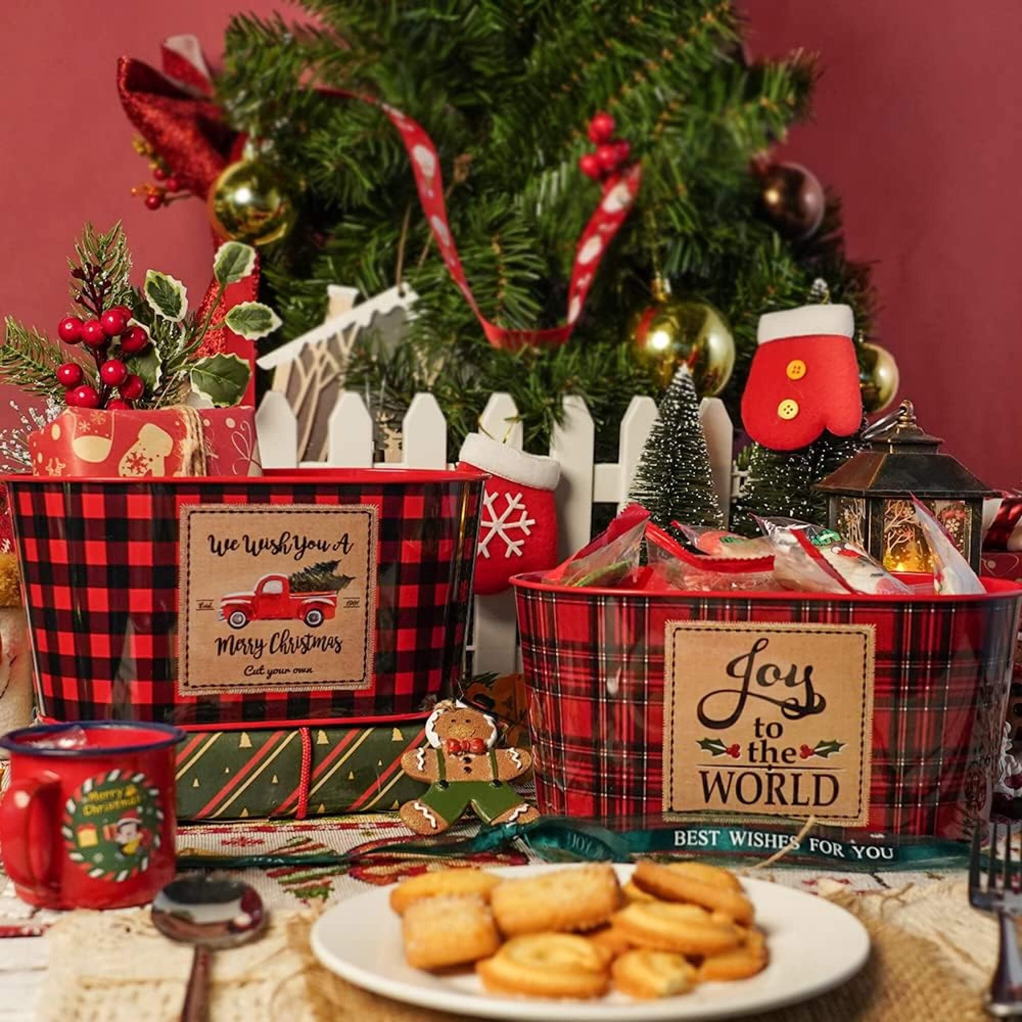 Christmas Metal Buckets - 5 Pack Galvanized Tin Pails for Holiday Decor & Table Centerpieces (7.9