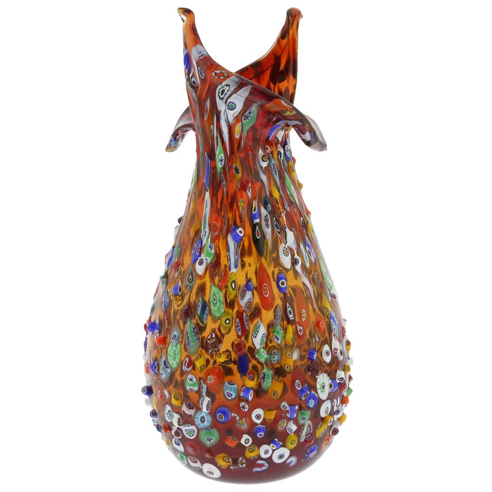Venetian Murano Glass Millefiori Mosaic Flower Vase - Handcrafted Red Blooming Design | Elegant Home Decor for Living Room, Dining Table & Wedding Centerpieces