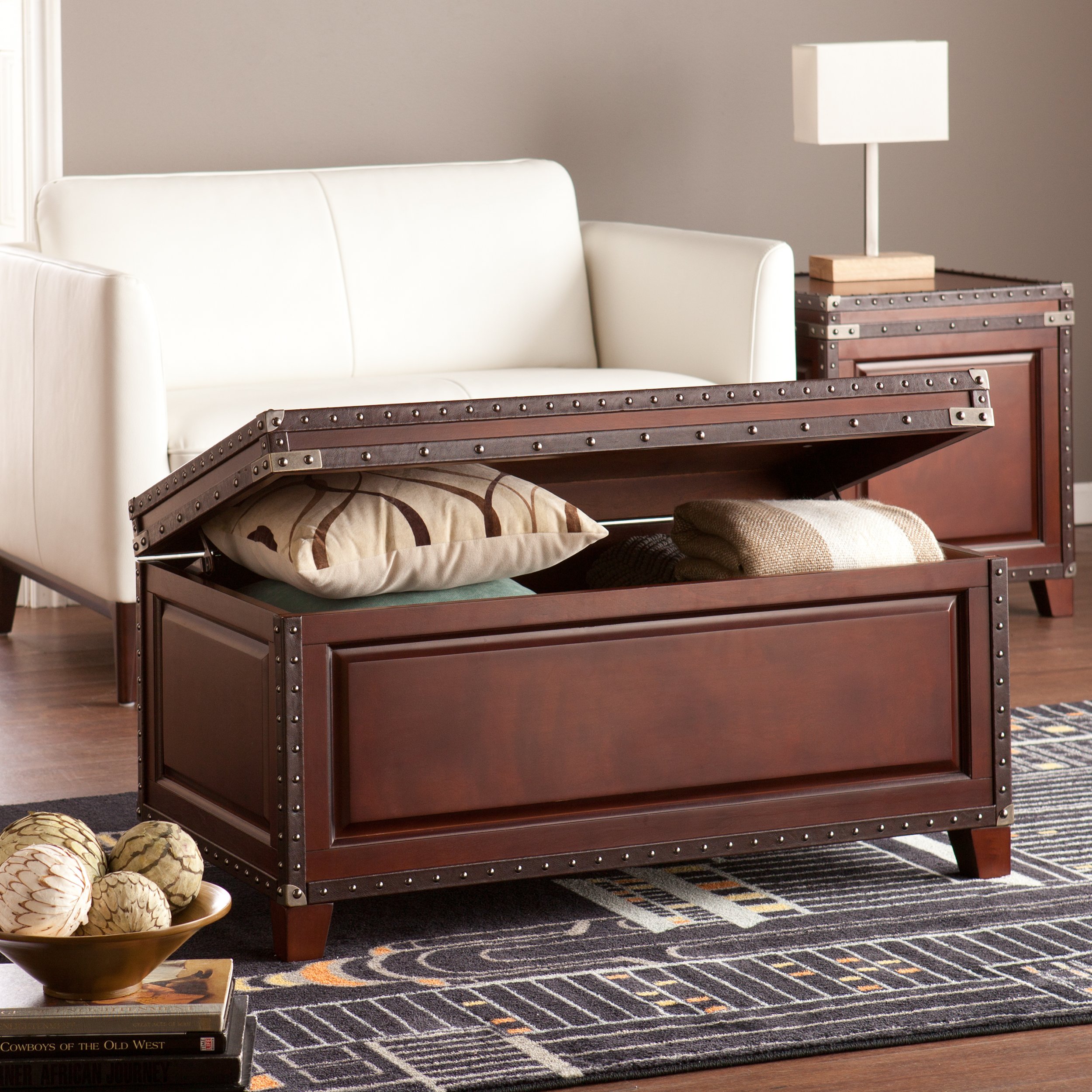 SEI Furniture Amherst Trunk Coffee Table - Faux Leather Upholstery with Nailhead Trim - Dark Cherry, Espresso & Antique Bronze Finish - Perfect for Living Room, Lounge & Home Decor
