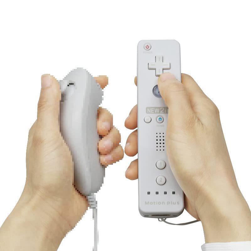 Wireless Motion Plus Remote & Nunchuk Controller Set for Nintendo Wii/Wii U - Built-in Gyro Sensor, Includes Silicone Case & Hand Strap (White) - Perfect for Wii Sports, Mario Kart & Family Gaming Parties