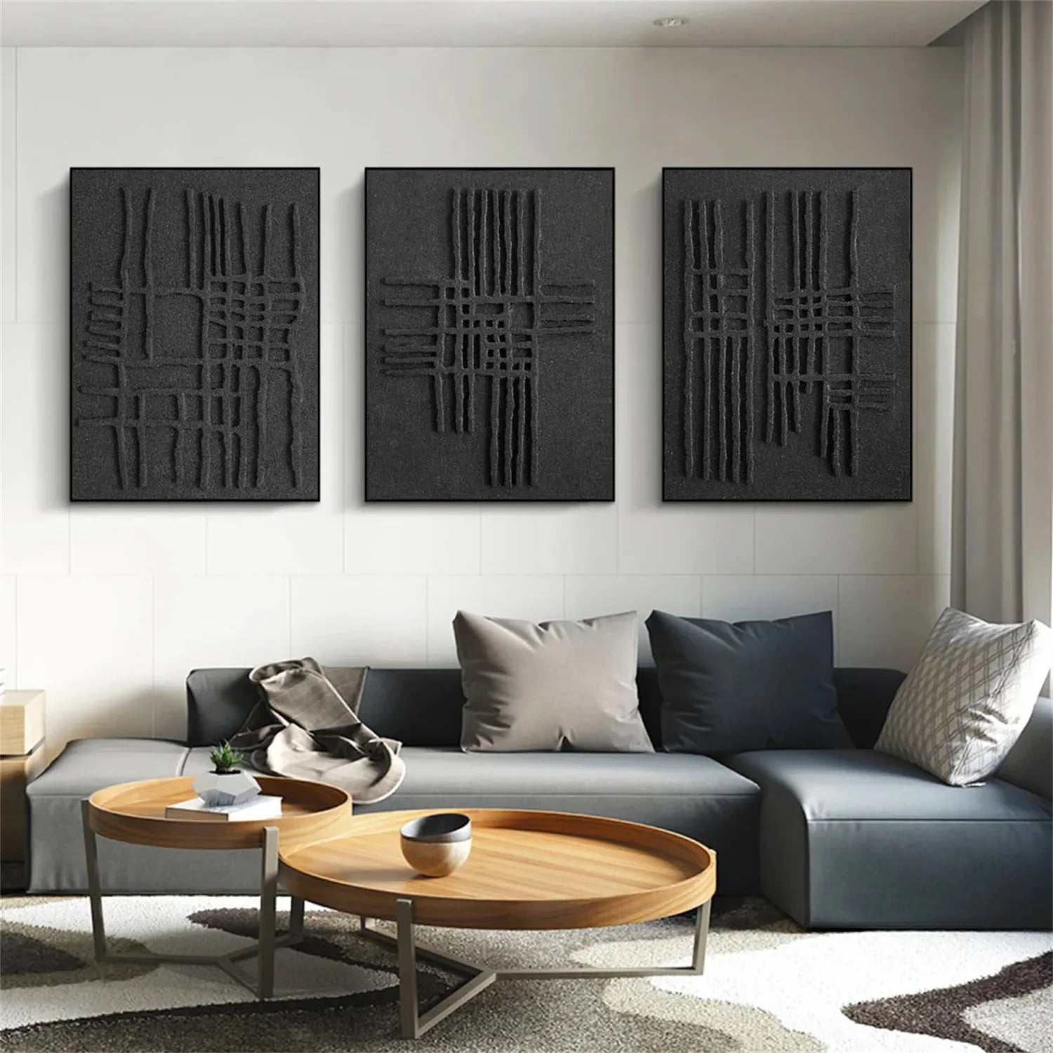 Black Minimalist Textured Painting Canvas Set of 3 - Modern Abstract Wall Art for Living Room, Bedroom & Office Decor #MZ119