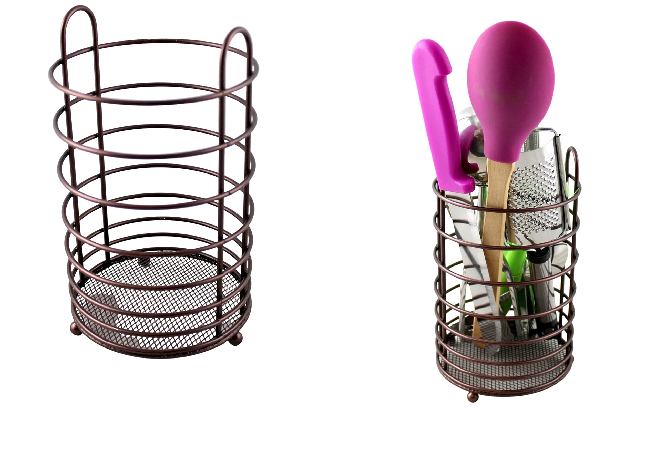Premium Stainless Steel Kitchen Cutlery Holder with Mesh Bottom - Bronze Utensil Caddy for Knives, Forks & Spoons | Perfect for Countertop Organization & Easy Access While Cooking