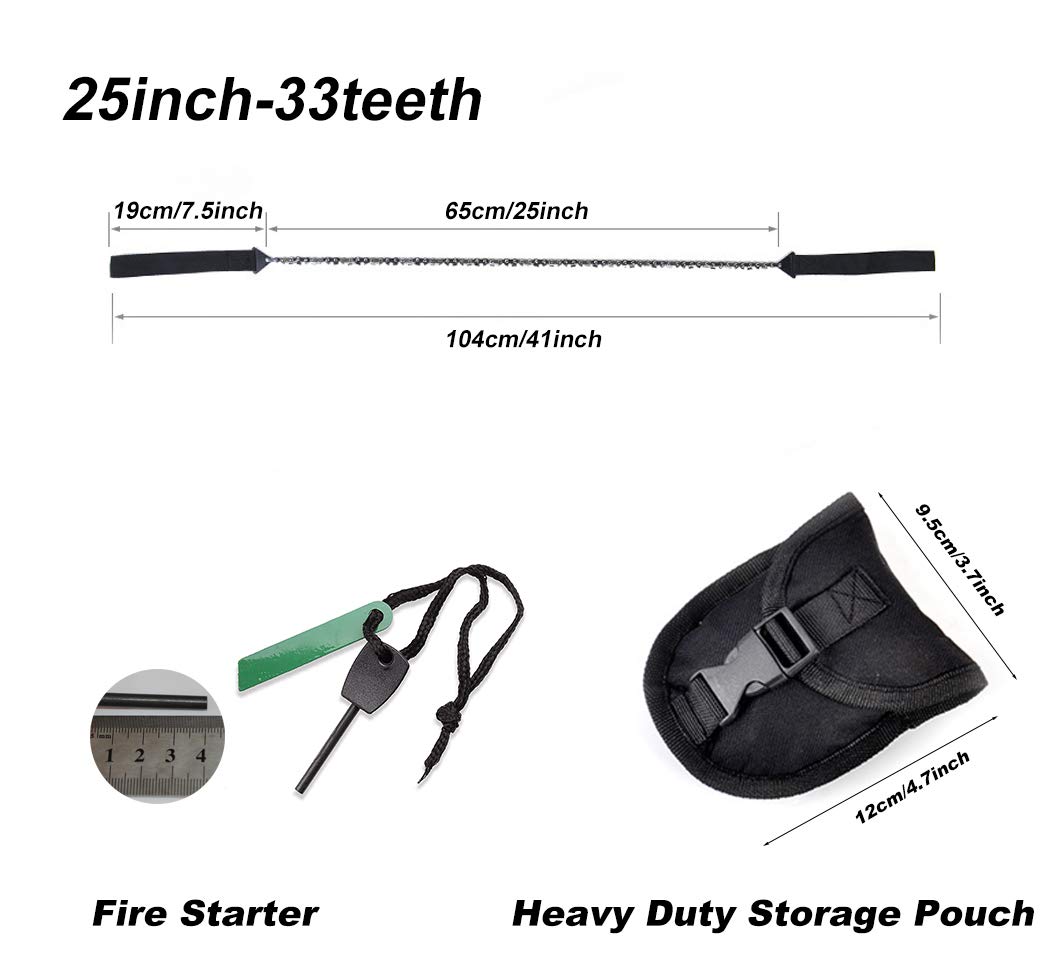 33 Teeth Pocket Chainsaw - 3X Faster Emergency Outdoor Survival Gear with Fire Starter & Carry Pouch | Folding Chain Hand Saw for Camping, Tree Cutting, Hiking, Backpacking | Perfect for Wilderness Survival, Bushcraft & Emergency Preparedness (Black Handle, 25inch, 33 Teeth)