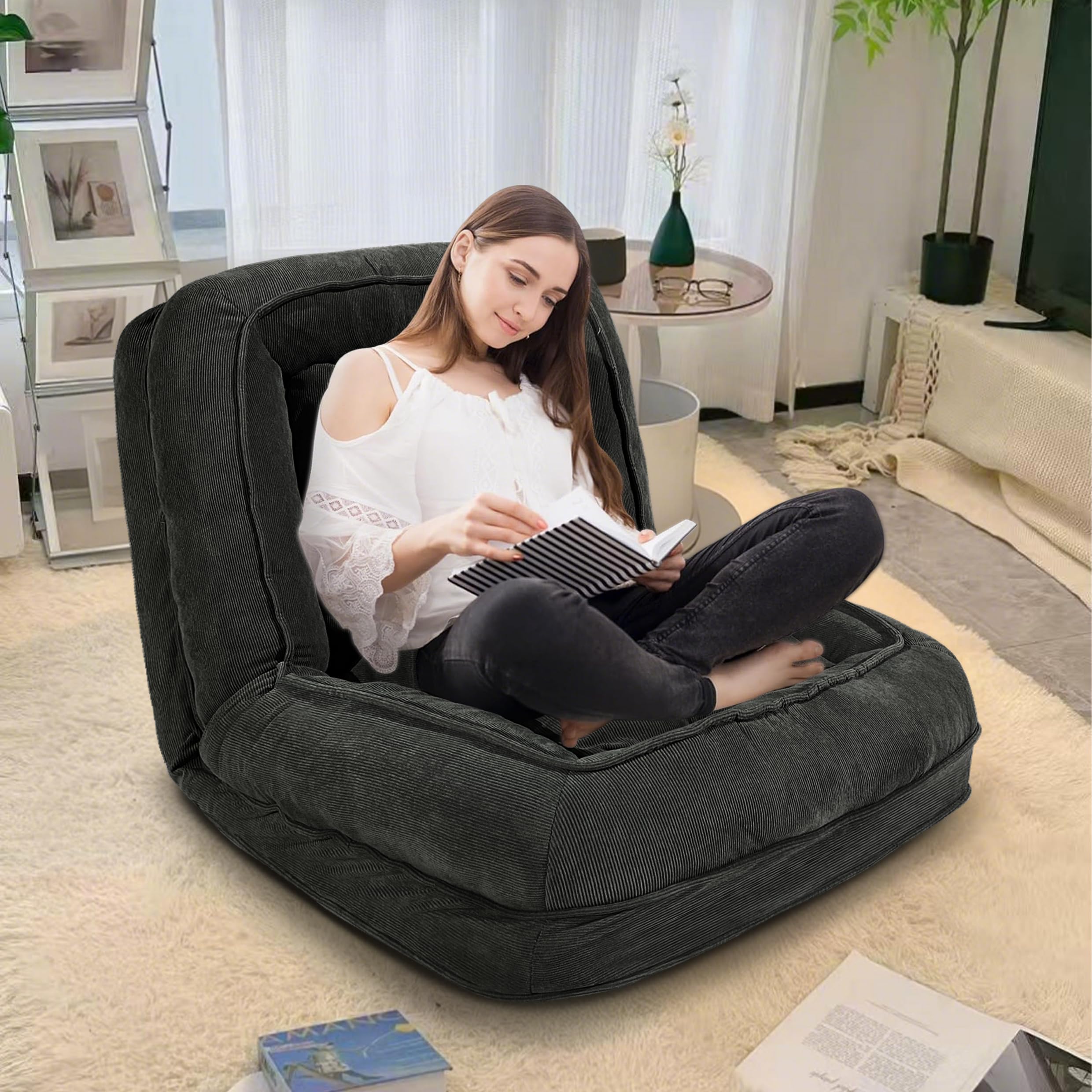 Convertible Lazy Sofa Bed for Adults & Pets - 5-Position Adjustable Upholstered Tatami Dog Bed with 2 Soft Pillows - Multi-Functional Bean Bag Chair for Bedroom, Living Room & Office (Black) - Perfect for Lounging, Napping & Pet Cuddling