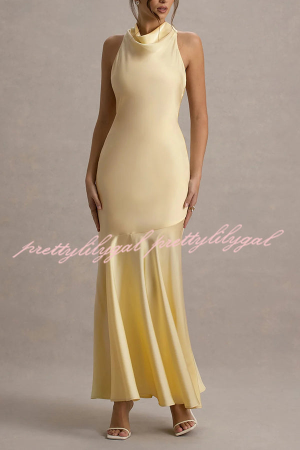 Elegant Satin Cowl Neck Maxi Dress with Back Tie Detail - Perfect for Evening Parties, Weddings & Special Occasions