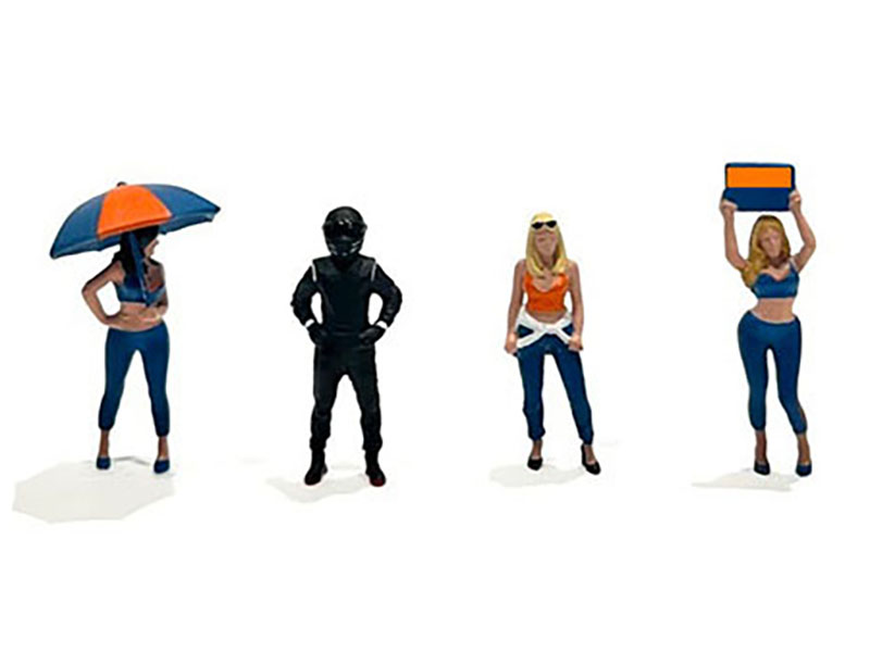 American Diorama 1/64 Scale Grid Girls 5-Piece Diecast Figure Set - 4 People Figures + 1 Umbrella, Limited Edition (3600 Worldwide) - Perfect for Model Car Displays, Diorama Scenes & Racing Collectors