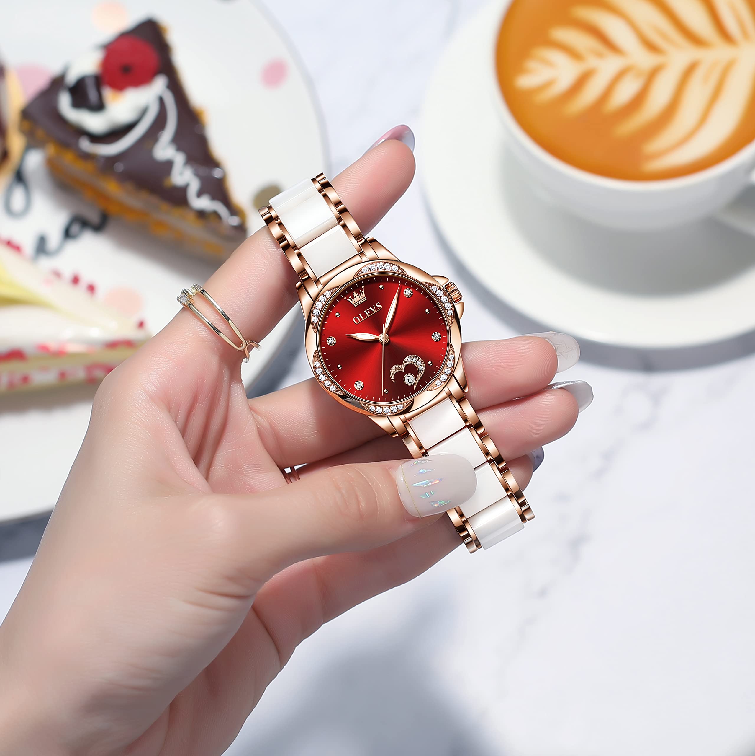 OLEVS Women's Automatic Watch - Premium Large Face Diamond Accented Self Winding Ladies Watch, Fashion Waterproof Dress Watch with Two Tone Stainless Steel & Ceramic Bracelet | Perfect for Business, Party & Everyday Wear