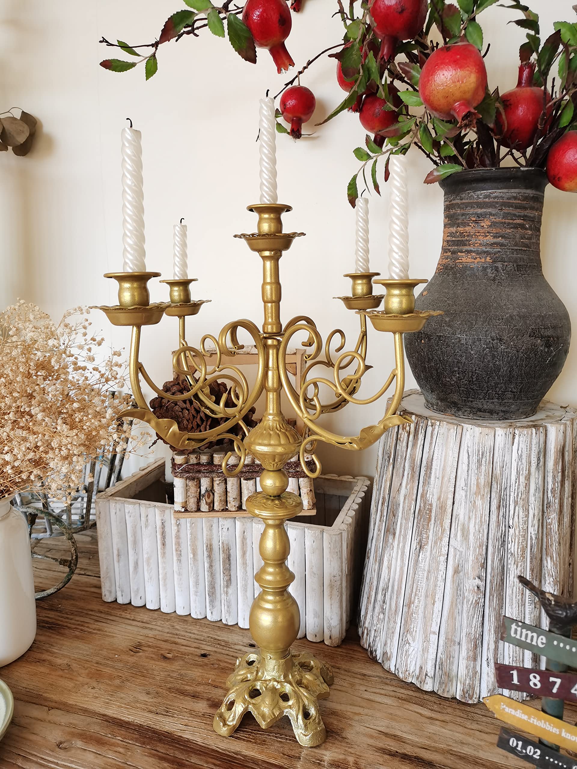 5-Arm Gold Metal Candelabra - 17 Inch Tall Taper Candle Holder for 1/2 to 1 Inch Candles | Elegant Centerpiece for Dining Table, Wedding Decor & Romantic Home Lighting