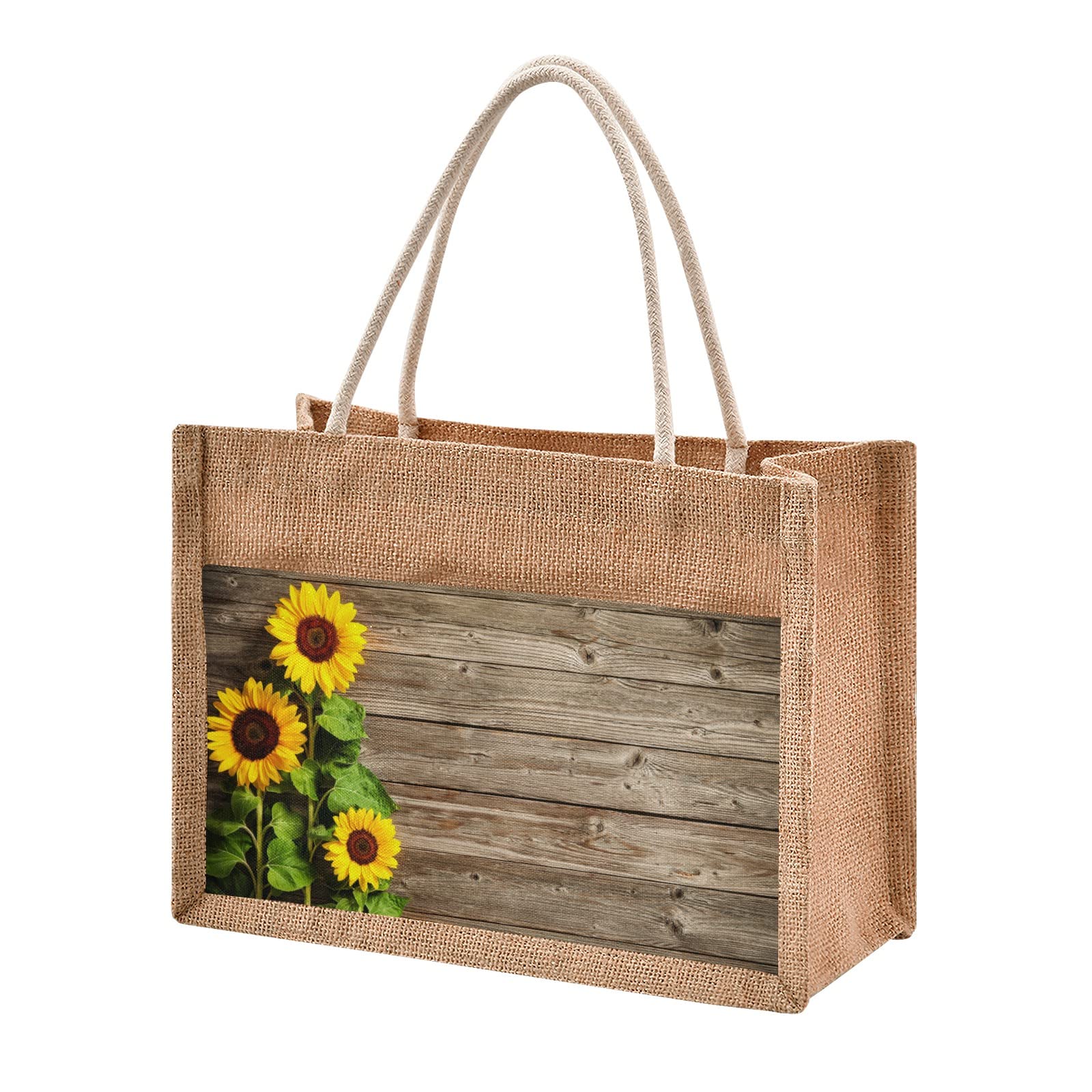 CaTaKu Eco-Friendly Sunflower Print Wooden Jute Tote Bag with Zipper & Handles - Reusable Grocery Shopping Bag with Front Canvas Pocket (12