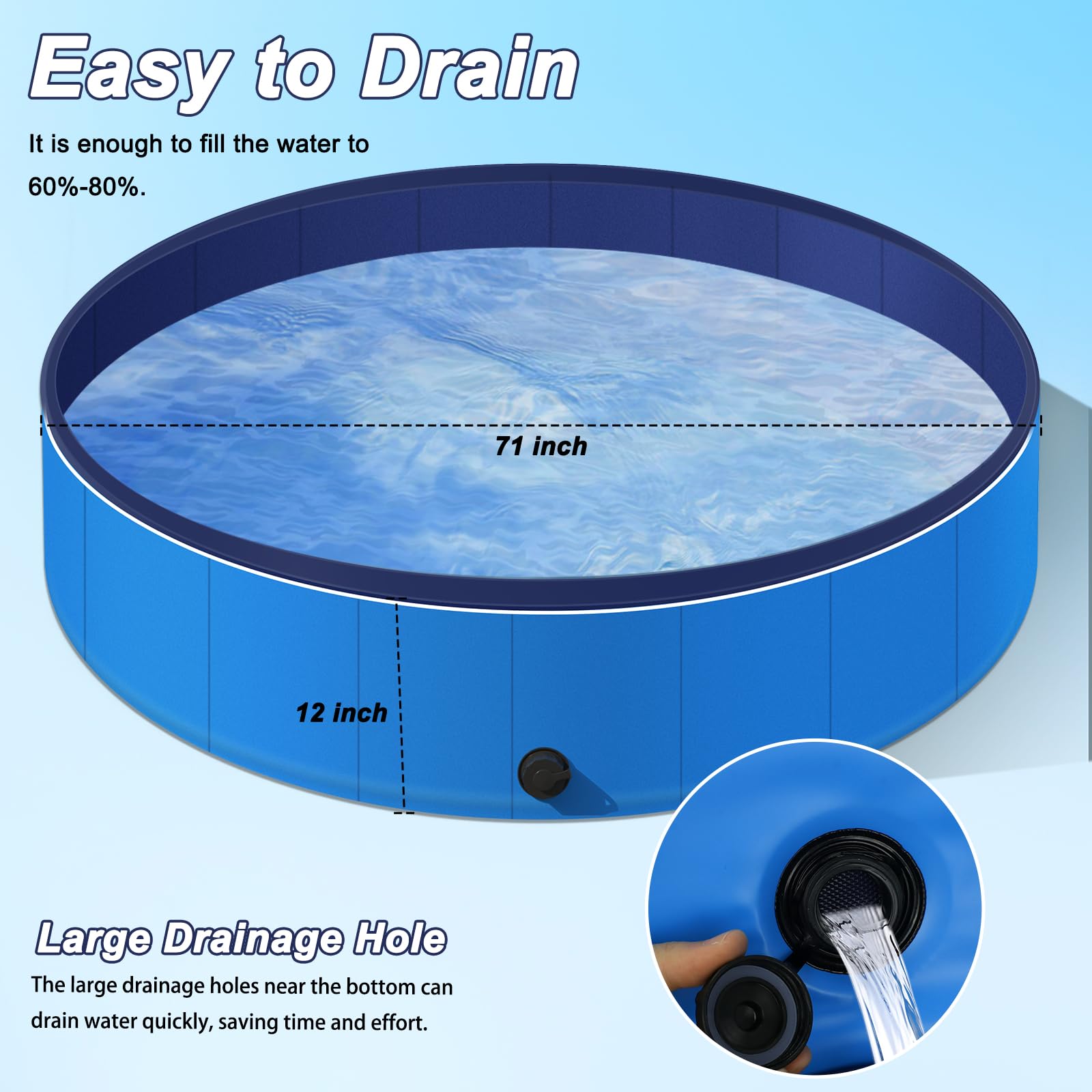 71'' Foldable Kiddie Pool for Large Dogs & Kids - Hard Plastic Backyard Swimming Pool, Non-Slip Pet Bath Tub - Perfect for Summer Fun, Outdoor Play & Pet Bathing
