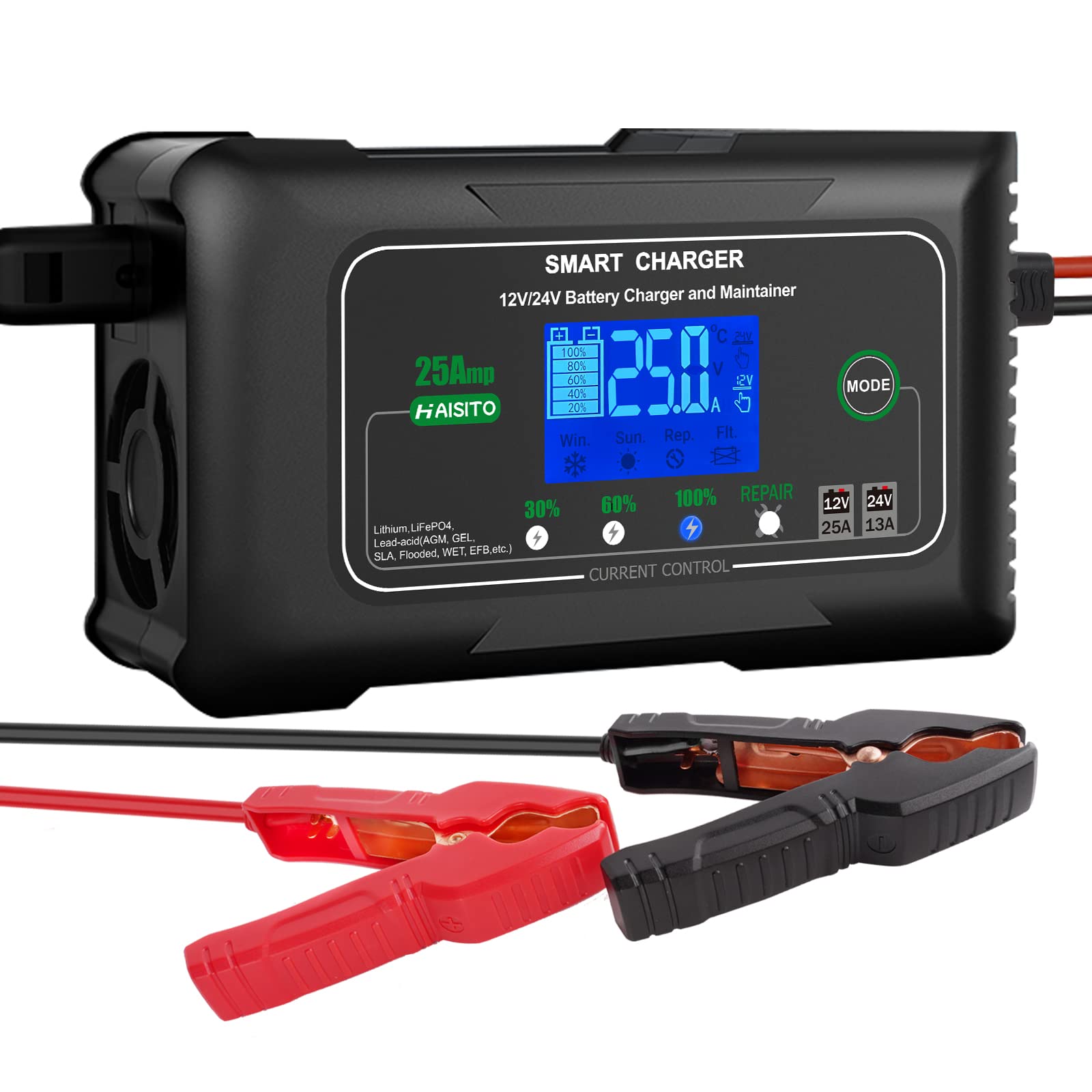 25Amp Smart Lithium Battery Charger - 12V/24V LiFePO4 & Lead-Acid (AGM/Gel/SLA) Charger with Maintenance Mode - Trickle Charger & Desulfator for Cars, Boats, Motorcycles, Lawn Mowers - Perfect for RV Camping & Marine Battery Maintenance