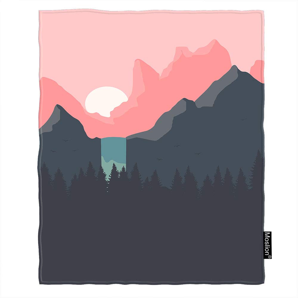 Moslion Flannel Travel Blanket 50x60 Inch - Warm Sunset Mountain Design for Couch, Bed & Outdoor Use - Cozy Home Decor in Pink & Black