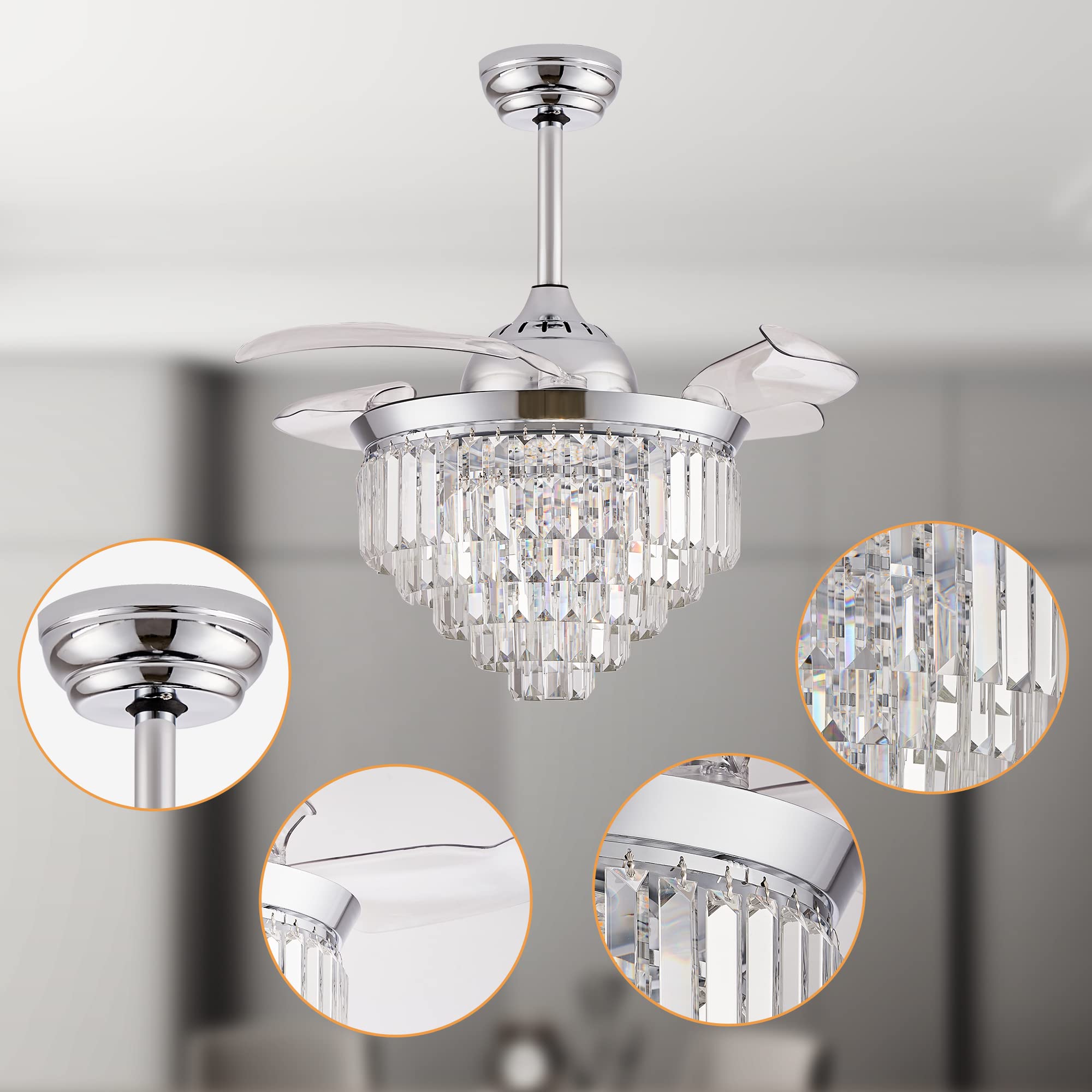 Dimmable Crystal Ceiling Fan with Light & Remote - 36