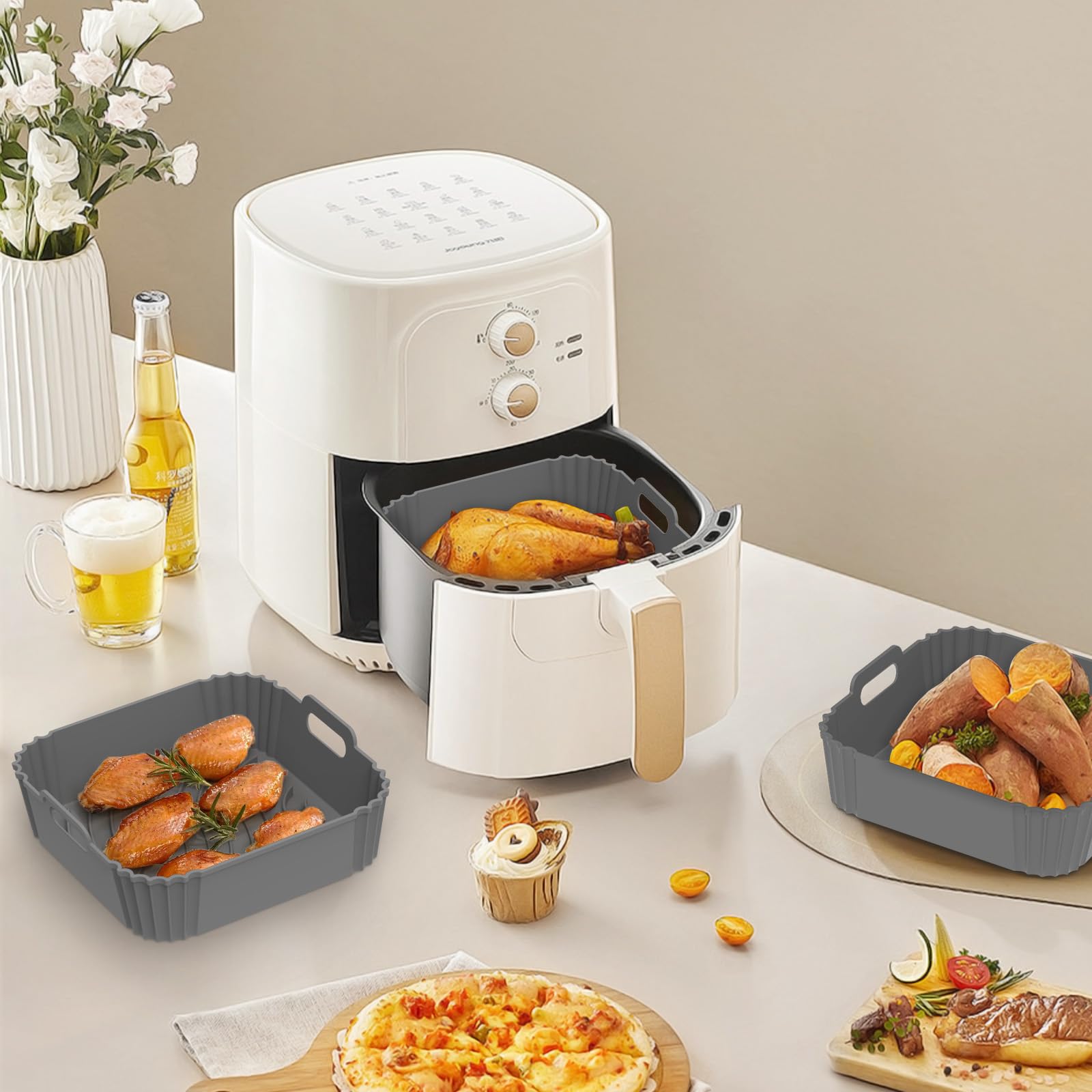 Redfly 2 Pack Reusable Square Silicone Air Fryer Liners for 4-5.5 QT, Non-Stick Air Fryer Accessories Replacement for Parchment Paper (Gray) - Perfect for Healthy Cooking, Crispy Snacks & Easy Cleanup