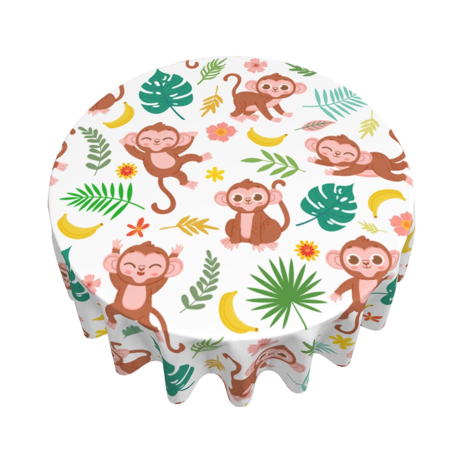 60 Inch Round Monkey Themed Tablecloth - Waterproof Spill Proof Table Cover with Baby Monkey, Banana & Tropical Leaves Design for Birthday Party, Picnic, Camping, Dinner & Outdoor Decor
