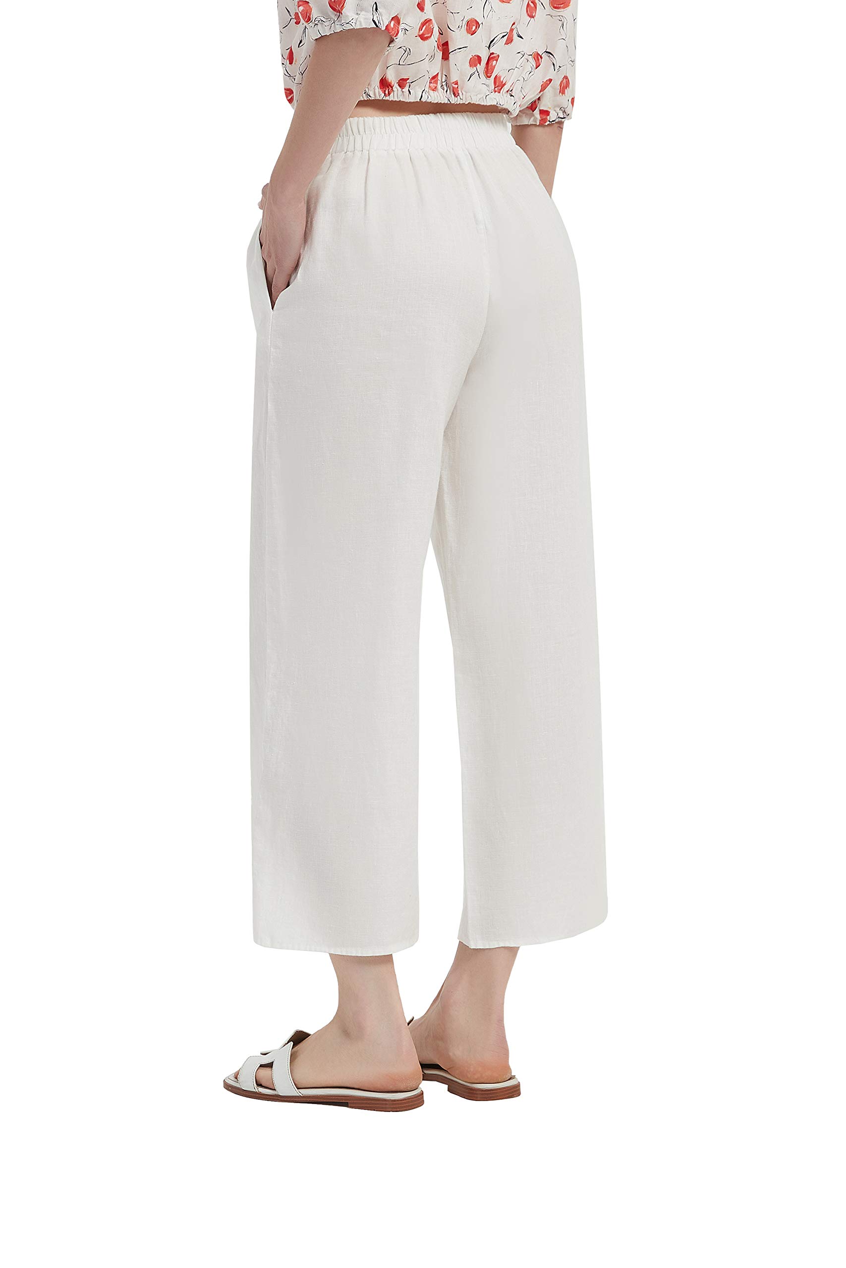 Women's 100% Linen Summer Elastic Waist Wide Leg Cropped Pants with Pockets - Breathable Comfort for Beach, Travel & Casual Outfits