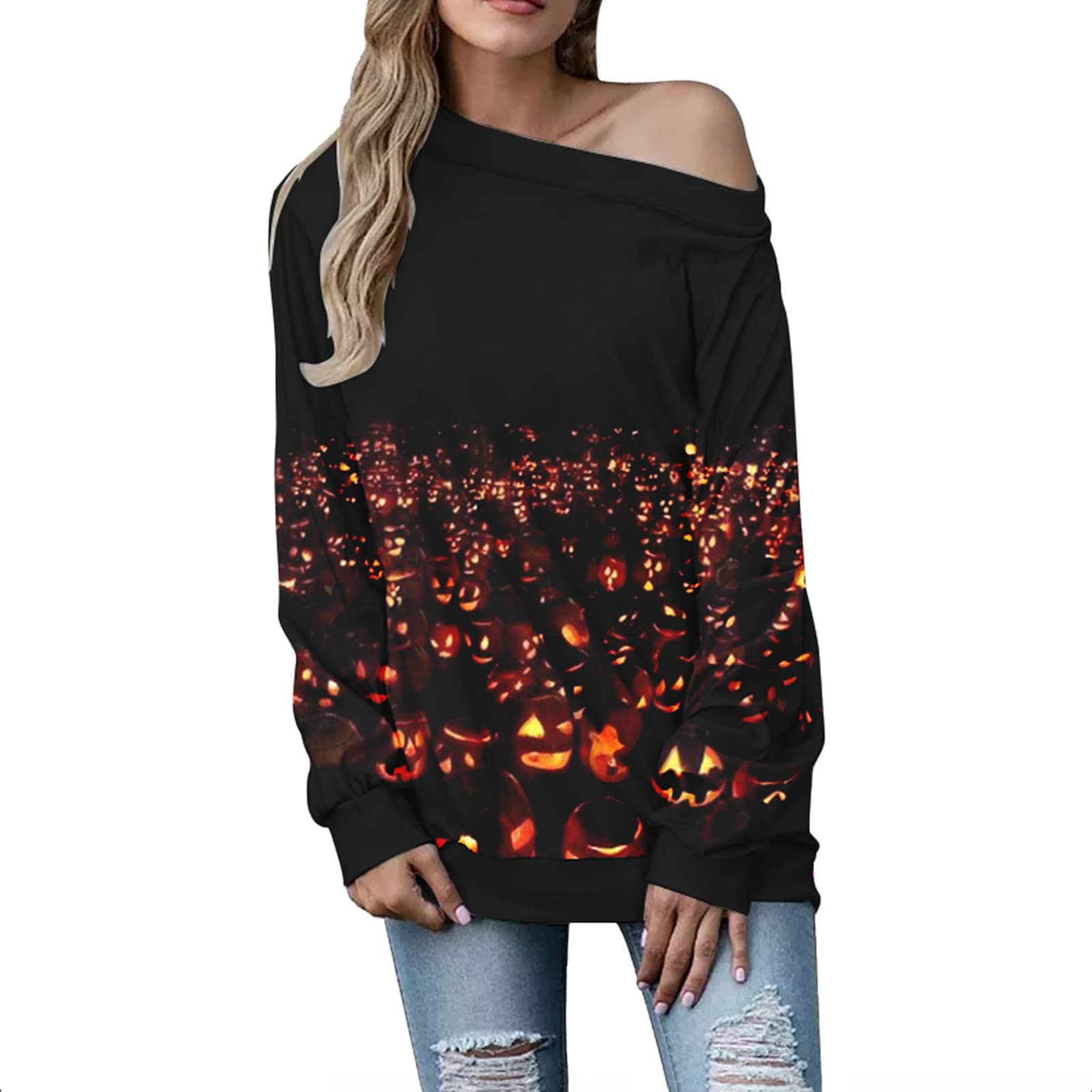 Women's Off Shoulder Casual Long Sleeve Blouse - Halloween Funny Printed Tunic Top (Small Pack) | Perfect for Party, Cosplay & Everyday Wear