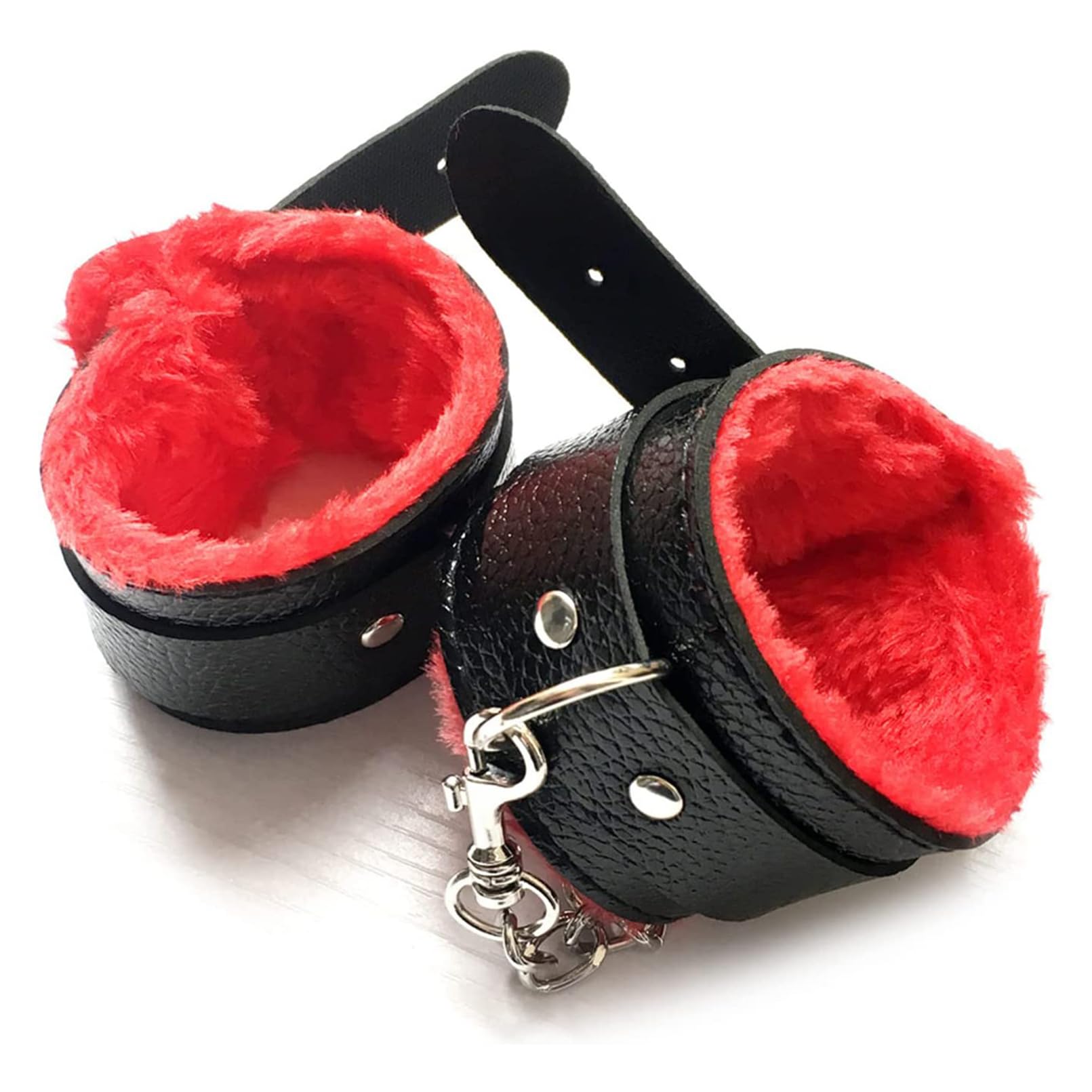 SUPKTHDY BDSM Handcuffs Black+Red PU Leather Fur Cuffs Restraint Set - Bondage SM Toys for Couples Beginners - Erotic Fetish Sex Kit for Bedroom Play & Flirting Games