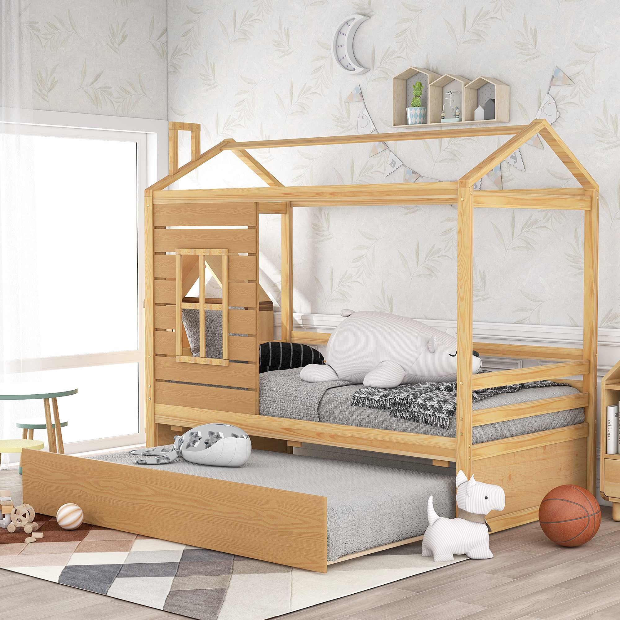 LZ LEISURE ZONE Twin House Bed with Trundle - Wooden Twin Size Daybed Frame for Kids & Teens - Natural Finish - Perfect for Bedrooms, Playrooms & Sleepovers