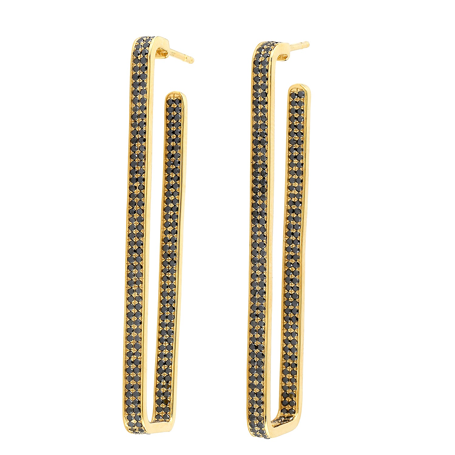14K Yellow Gold Micro Pave Black Diamond Rectangular Hoop Earrings - Elegant Statement Jewelry for Parties, Weddings & Special Occasions