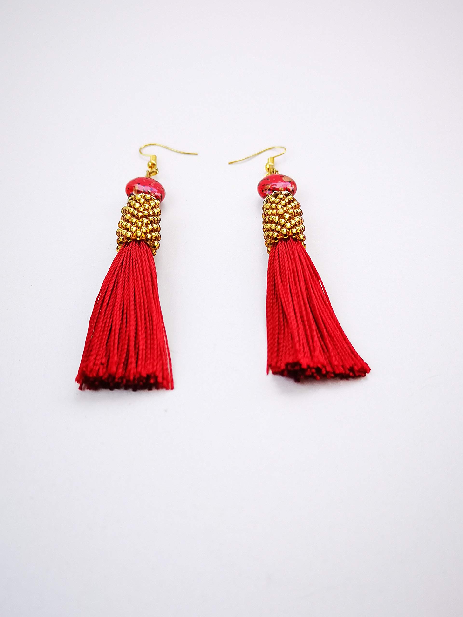 Handmade Red Gold Silk Tassel Earrings for Women - Elegant Boho Dangle Drop Earrings for Party, Wedding & Special Occasions