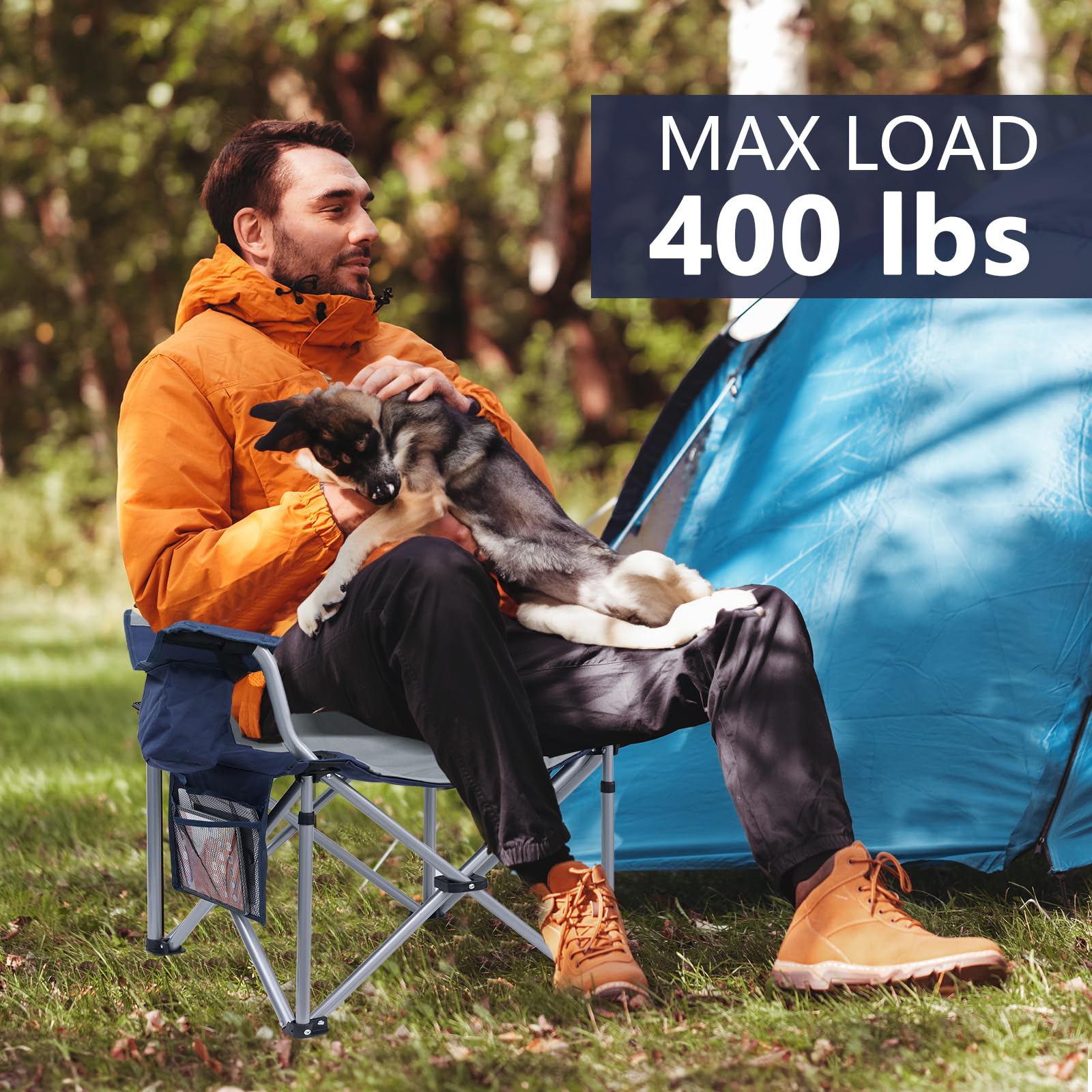 **Heavy Duty Oversized Camping Chairs for Adults - Padded Folding Chairs with Lumbar Support & Storage Pocket - 400LB Capacity - Perfect for Outdoor Camping, Backyard, Beach & Picnic**