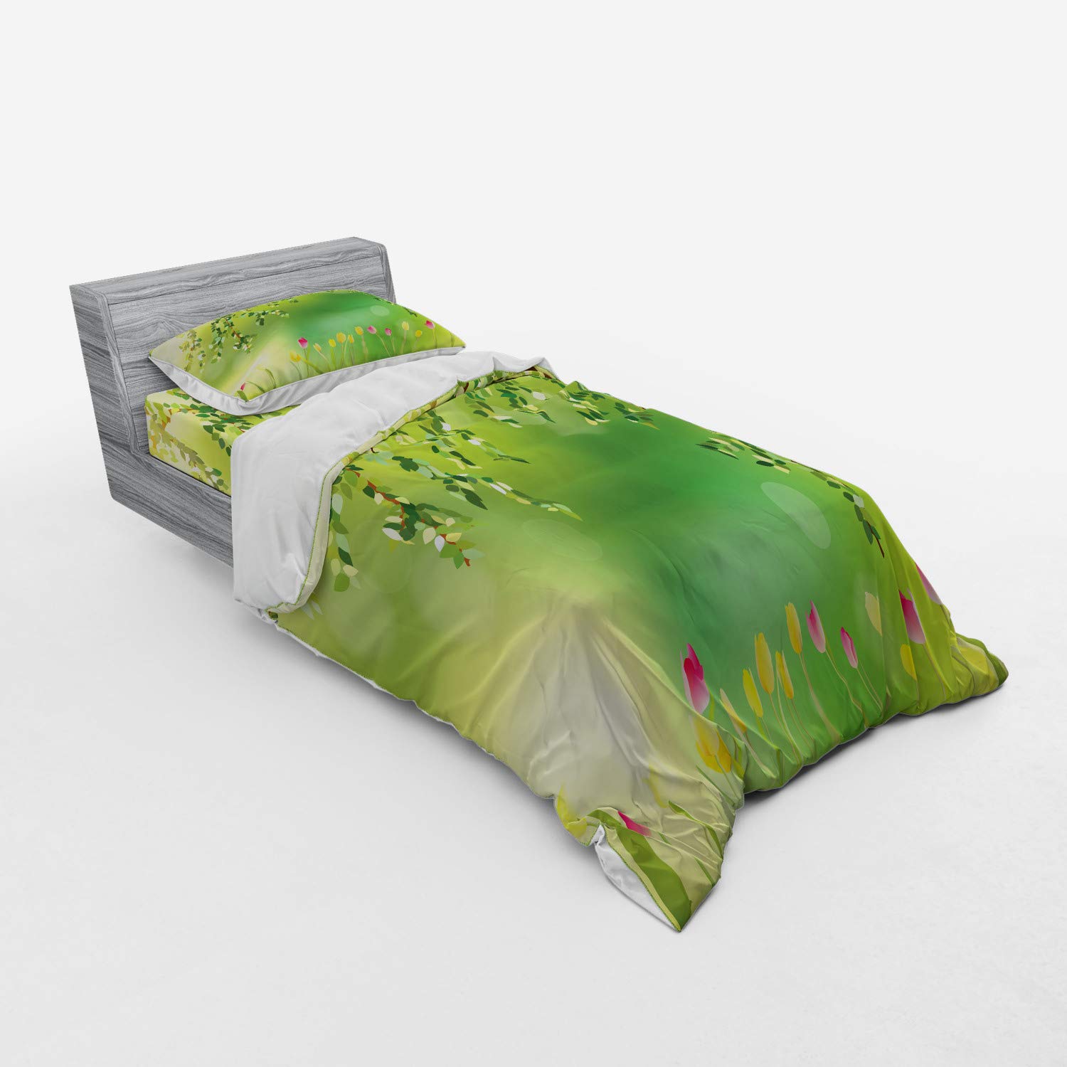Ambesonne Tulip Duvet Cover Set - Vibrant Floral Park Scene with Tree Branches | 3-Piece Twin Size Bedding Set with Sham & Fitted Sheet | Perfect for Spring Bedroom Decor & Guest Room Makeover