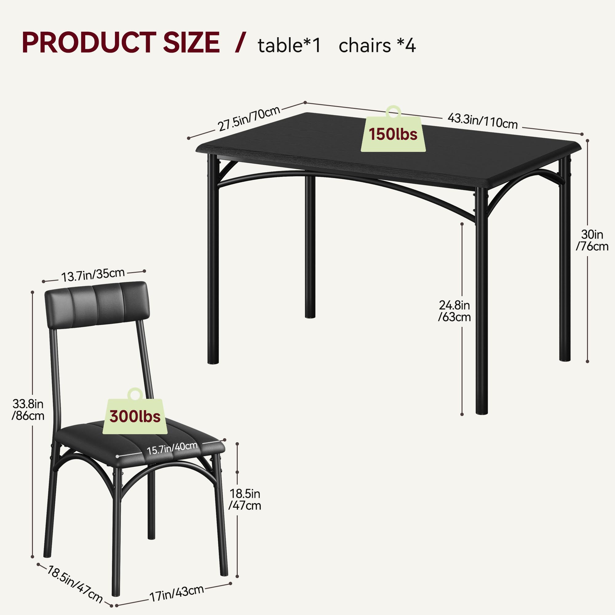 4-Piece Rectangular Dining Table Set with Upholstered Chairs - Rustic Black Kitchen Table for Small Spaces | Perfect for Breakfast Nook, Apartment Dining & Cozy Family Meals