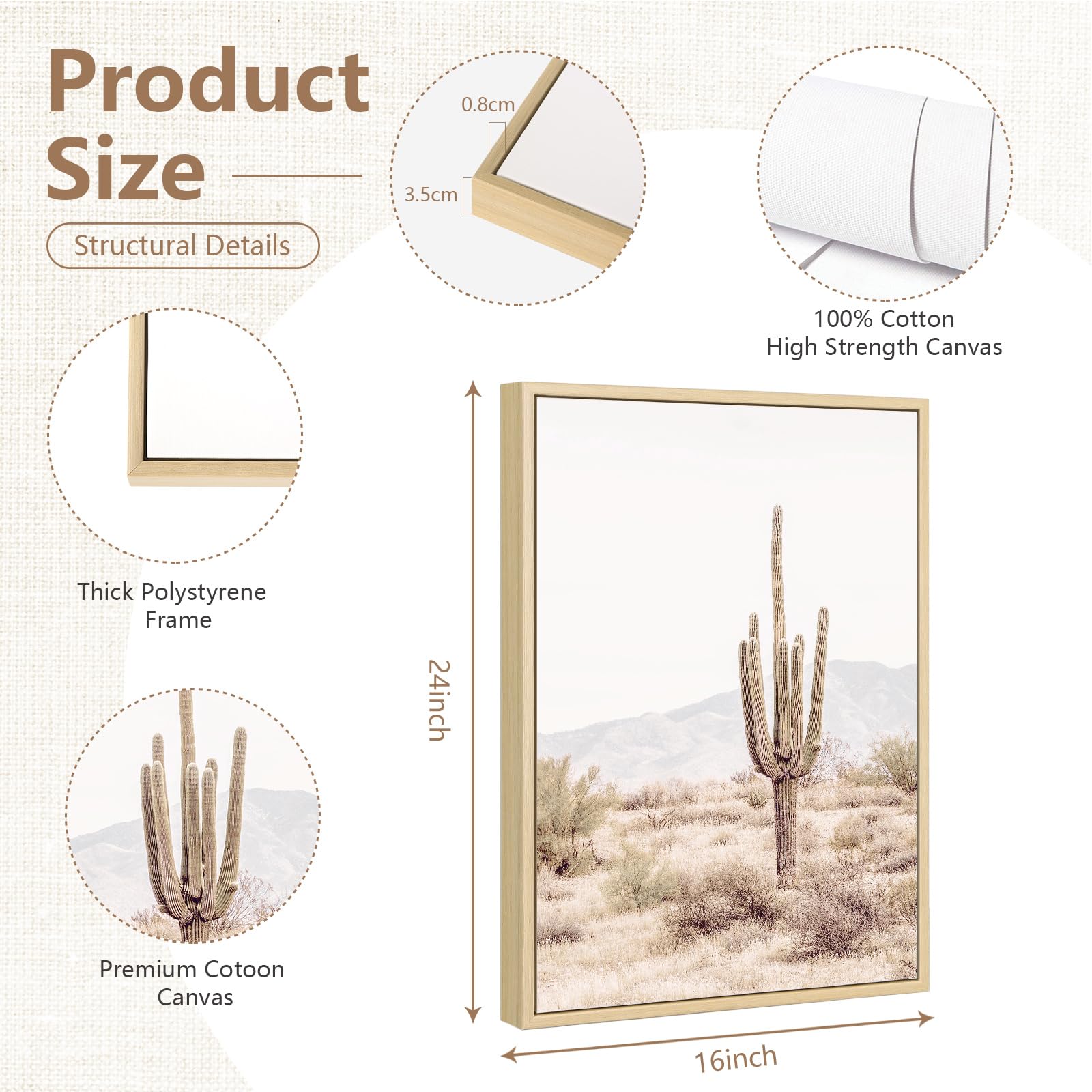 Sonoran Desert Cactus Wall Art - 16x24 Inch Framed Canvas Print, Saguaro Cactus Painting for Home & Office Decor | Perfect for Living Room, Bedroom, or Southwestern Style Interior Design