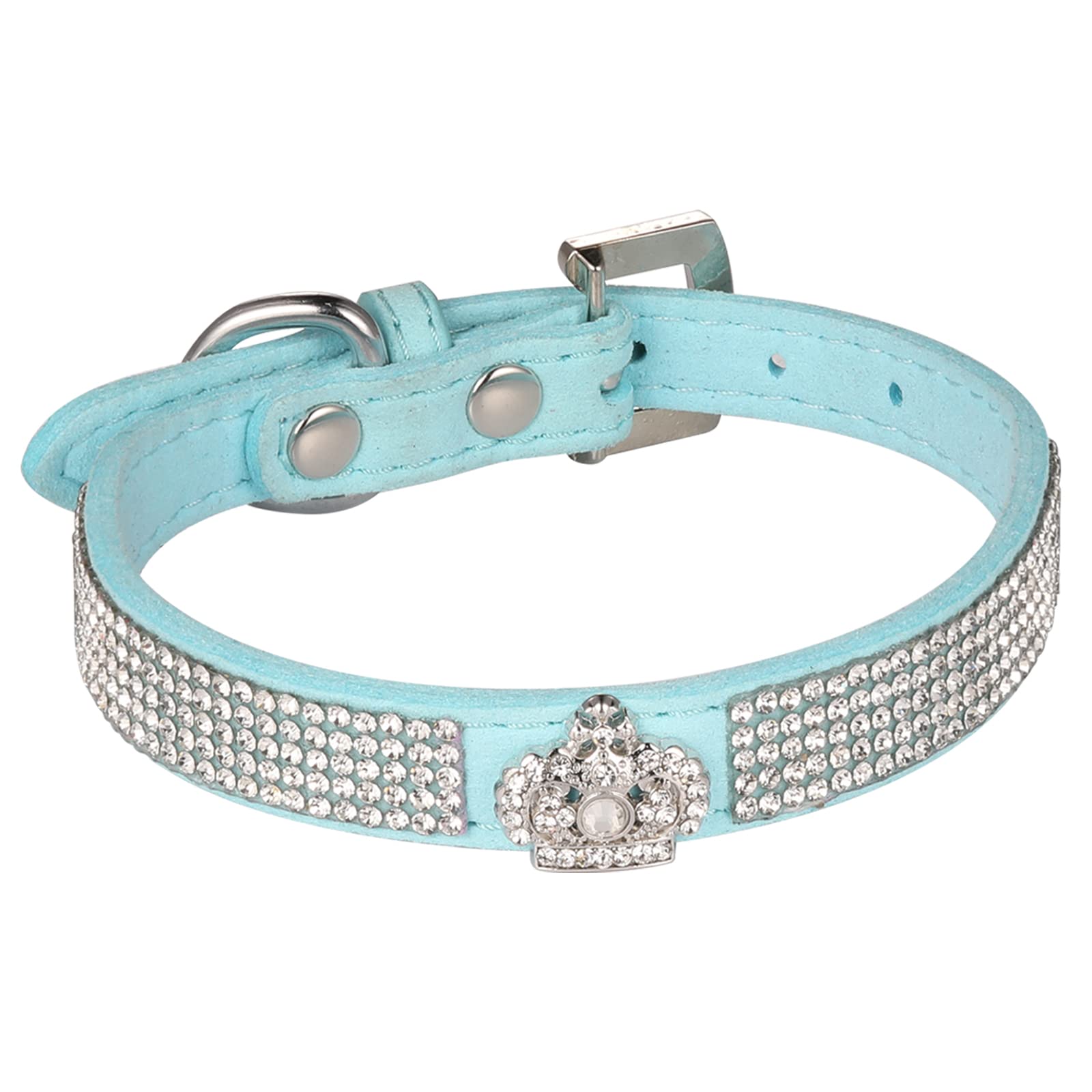 Luxury Sparkly Silver Buckle Rhinestone Crown Velvet Leather Pet Collar - Adjustable Dog Collar & Cat Collar with Bling Diamond Decor (Small, Blue) | Perfect for Small Dogs, Medium Cats & Puppies - Great for Daily Walks, Grooming & Special Occasions