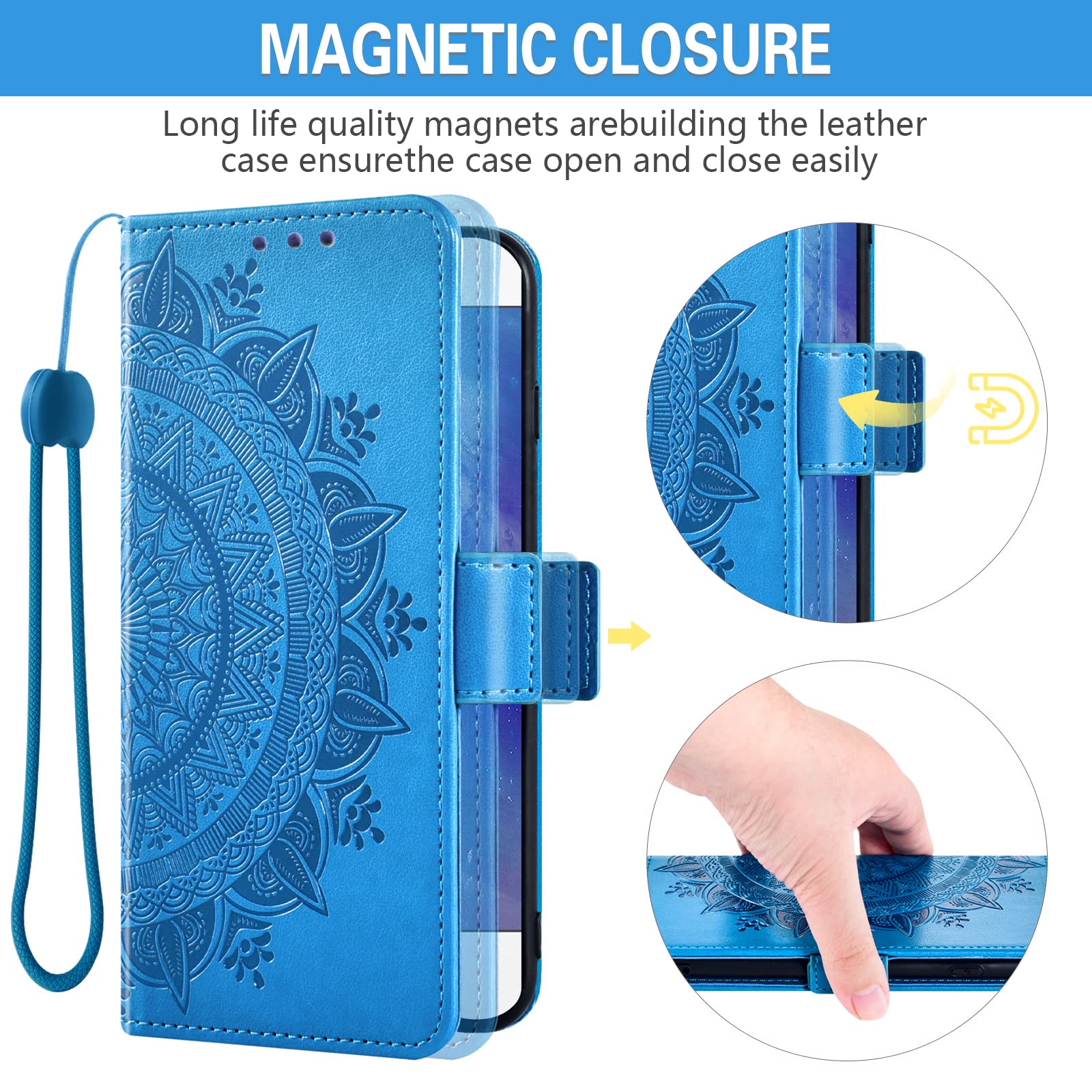 ASUWISH iPhone 13 Pro Max Wallet Case with Tempered Glass Screen Protector & Wrist Strap - 6.7 Inch Flip Cover for iPhone 13 Pro Max (2021) 5G - Blue | Slim Protective Phone Case with Card Slots for Everyday Use & Travel