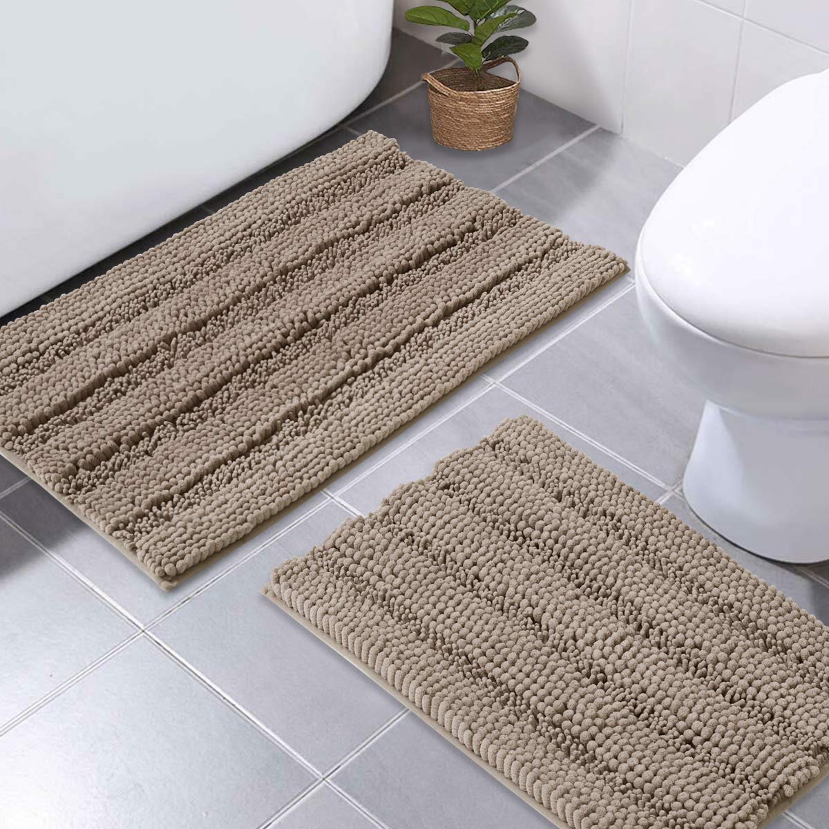 **NICETOWN Non-Slip Bathroom Rug Set - Soft Plush Shaggy Bath Mats for Bathroom, Bedroom, Kitchen & Entryway - Absorbent & Cozy Floor Mats for Pets & Puppies (Taupe Brown, 32