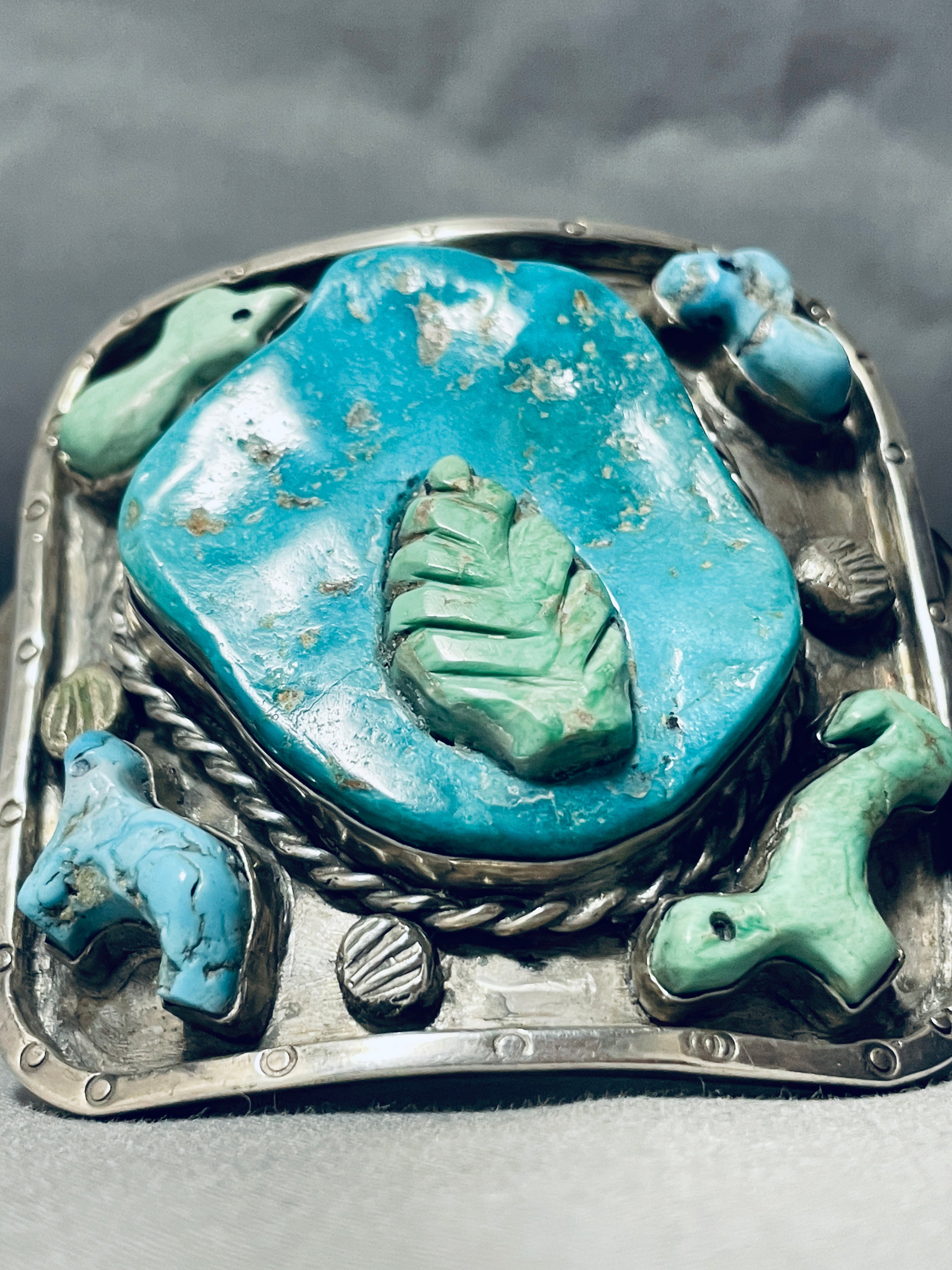 Authentic Vintage Navajo Sterling Silver Turquoise Bracelet - 159g Handcrafted Native American Animal Fetish Jewelry for Women, Perfect for Boho Fashion, Spiritual Healing & Southwest Style Accessories