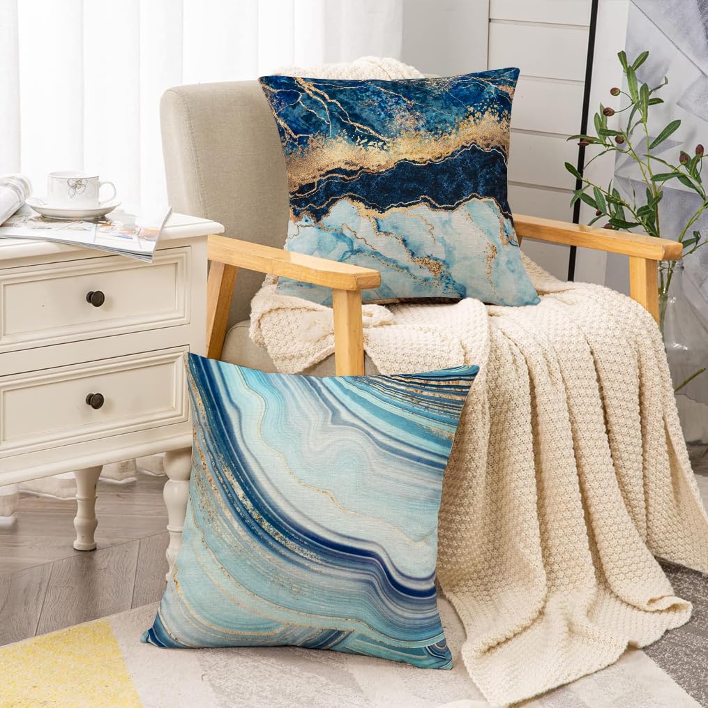 VAKADO Decorative Throw Pillow Covers 16x16 Inch Set of 4 - Navy Blue Gold Marble Print Indoor Outdoor Cushions for Sofa, Bedroom, Patio & Living Room Decor | Waterproof & Durable Home Accent Pillows
