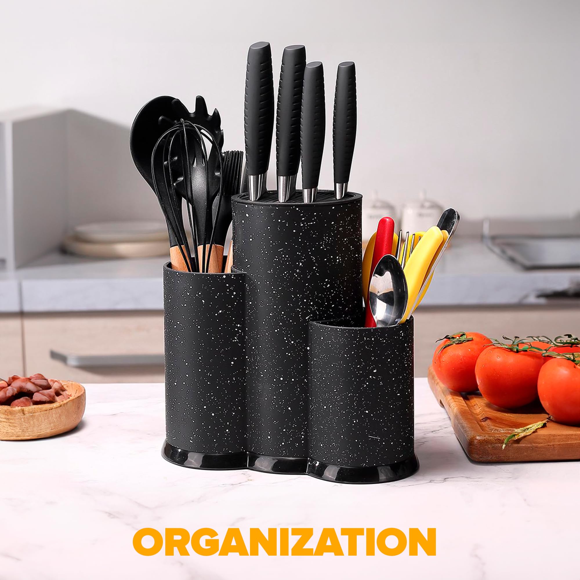 Stainless Steel Kitchen Organization Set - Utensil Holder, Knife Block & Silicone Drying Mat for Countertop | Medium Black | Perfect for Small Kitchen Spaces & Countertop Organization