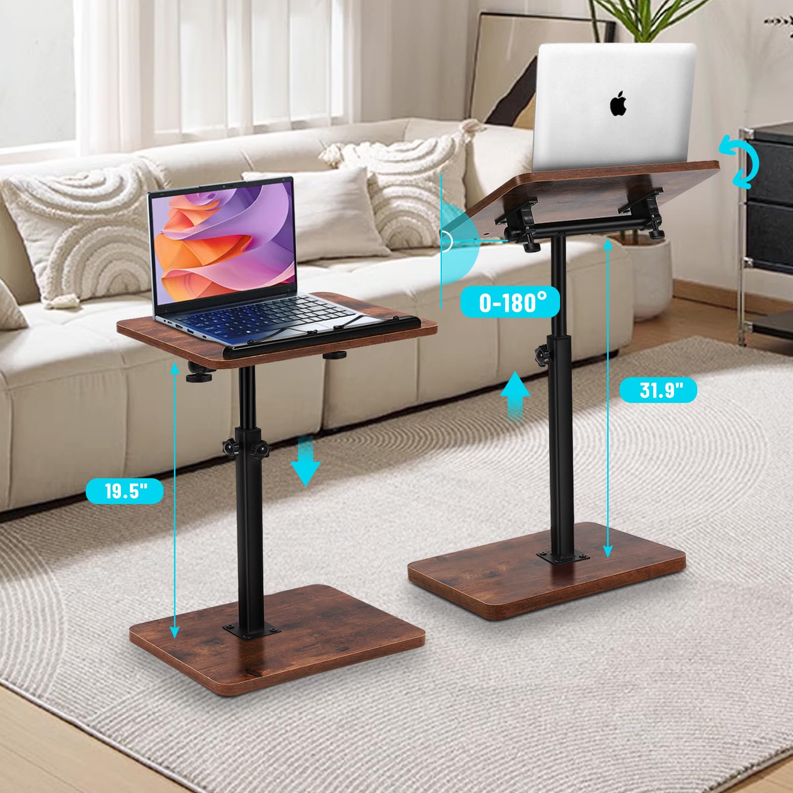 360° Swivel Adjustable TV Tray Table with Book Clip & Device Holder - C-Shaped End Table for Sofa, Bed, Bathtub - Perfect for Reading, Snacking & Relaxing (Rustic Finish)