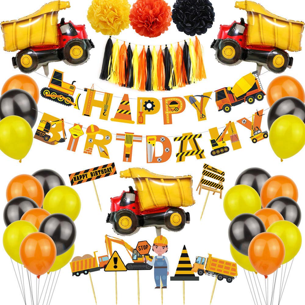 Construction Birthday Party Supplies Kit - 58-Piece Dump Truck Theme Decorations Set with 2 Foil Balloons for Kids' Construction Themed Party | Perfect for Construction Birthday, Baby Shower & Toddler Celebration