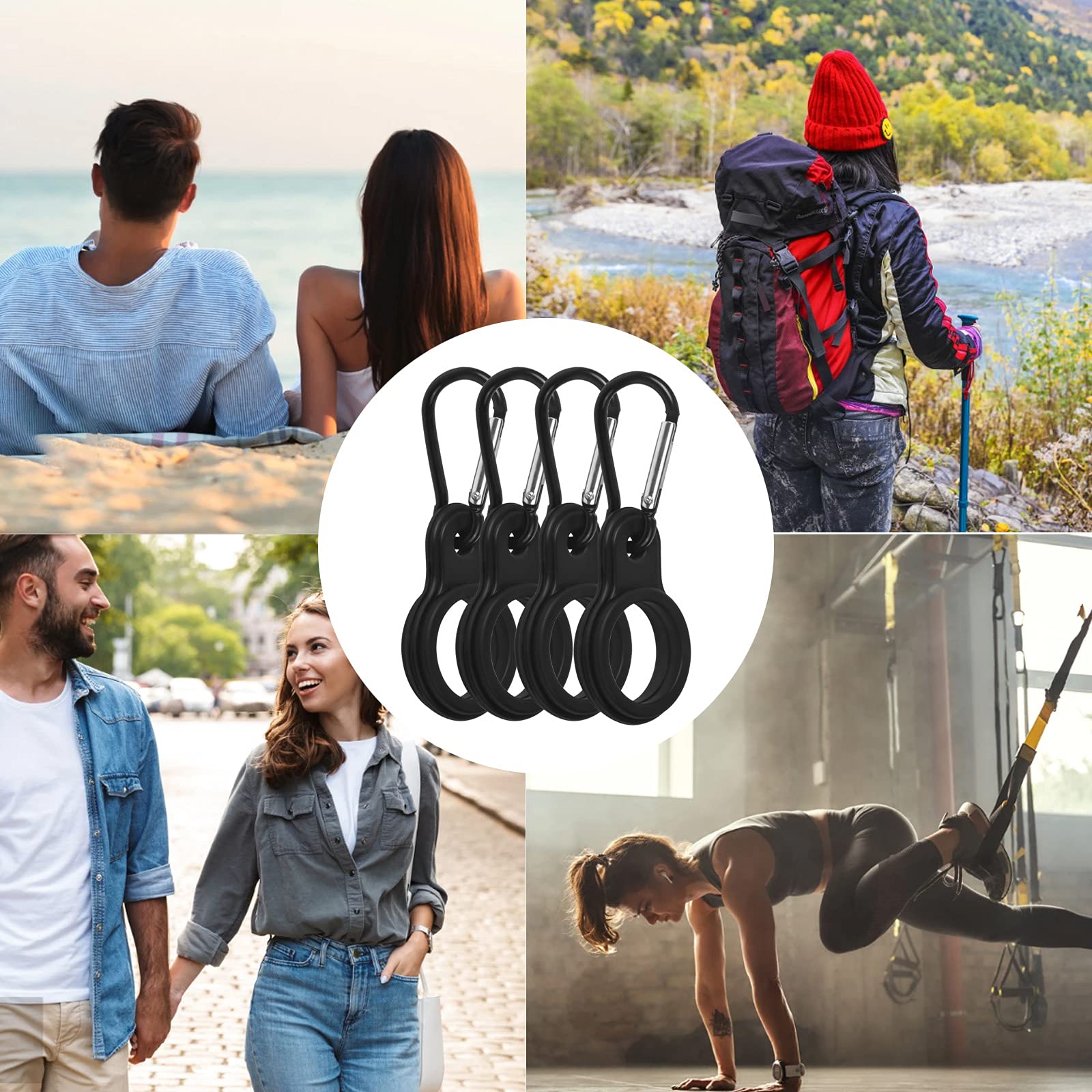 Focenat 6-Pack Silicone Water Bottle Buckle - Portable Hanging Hook with Carabiner Clip for Hiking, Camping, Travel & Outdoor Activities - Durable Black Bottle Carrier Holder for Backpacks, Bikes & Gear