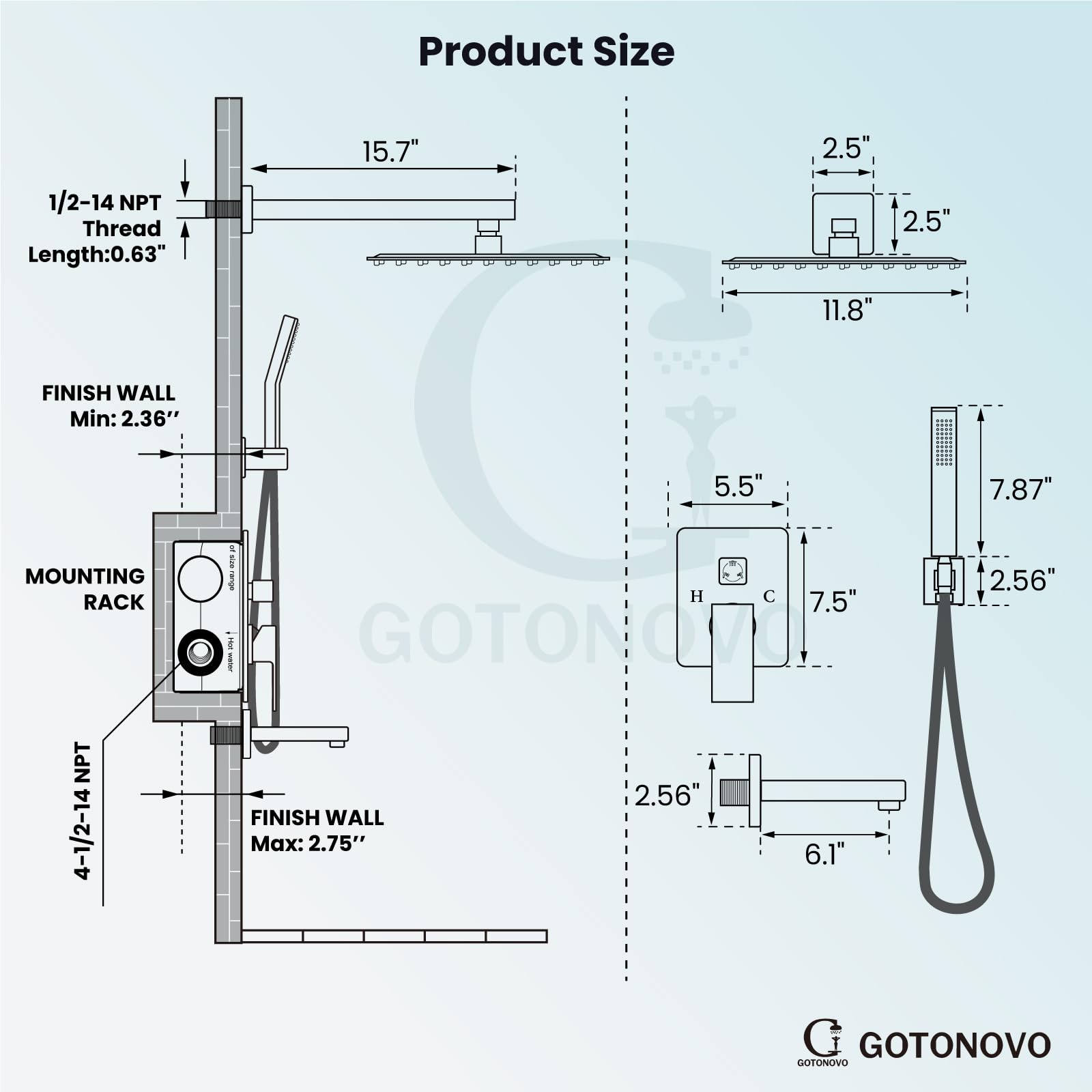 Gotonovo 3-Function Wall Mounted Shower System Set with Rainfall Shower Head, Handheld Spray, and Tub Spout - 12 Inch Polish Chrome Shower Faucet Combo with Rough-in Valve - Perfect for Bathroom Renovation and Modern Home Spa Experience