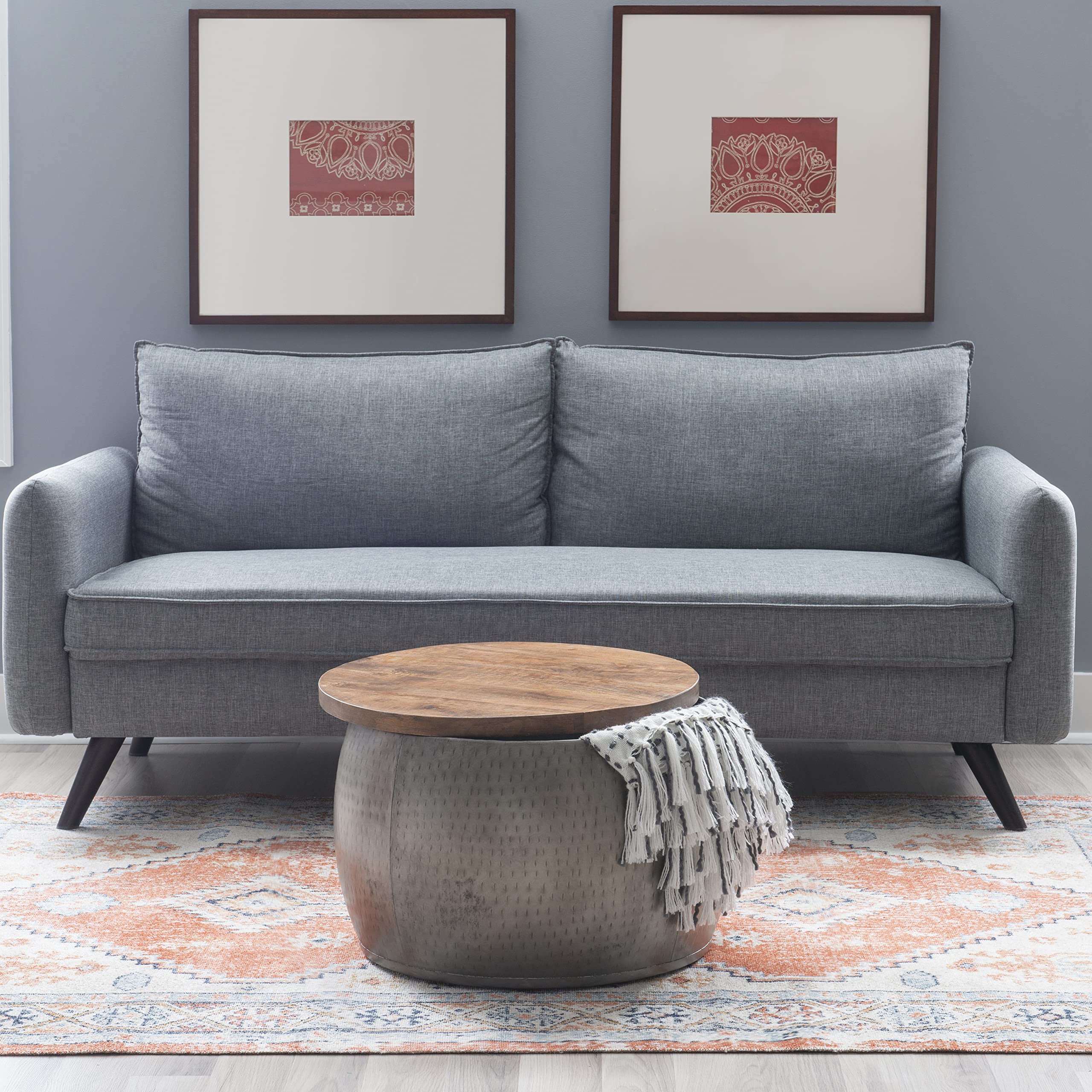 Powell Janice Small Silver Storage Drum Table - Stylish Side Table with Hidden Storage for Living Room, Bedroom, or Office