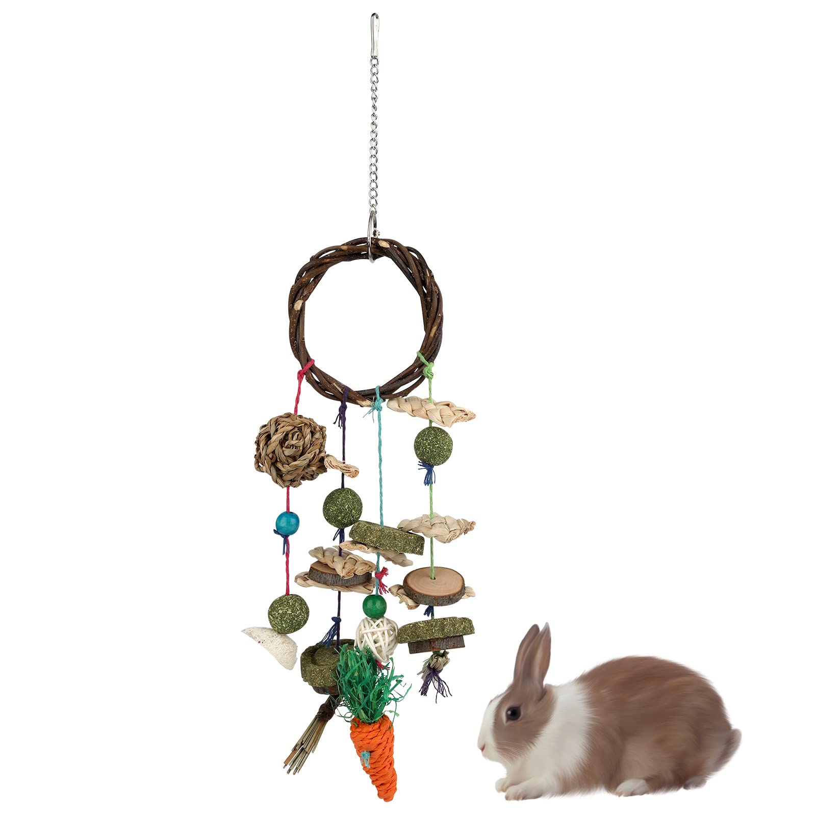 TOYMIS Natural Applewood Bunny Chew Toy for Rabbits, Hamsters, Chinchillas & Guinea Pigs - Teeth Grinding Wooden Chew Sticks with Braided Rings, Hay Cake & Grass Radishes - Small Pet Dental Care & Enrichment Toys for Cage Playtime