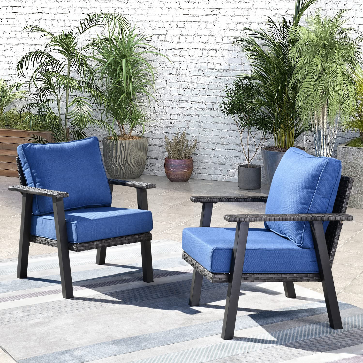 **HOOOWOOO 2-Piece Modern Wicker Outdoor Armchair Set with 5-Inch Ultra Thick Cushions - All-Weather Patio Seating for Garden, Poolside & Backyard Relaxation (Blue Cushions)**