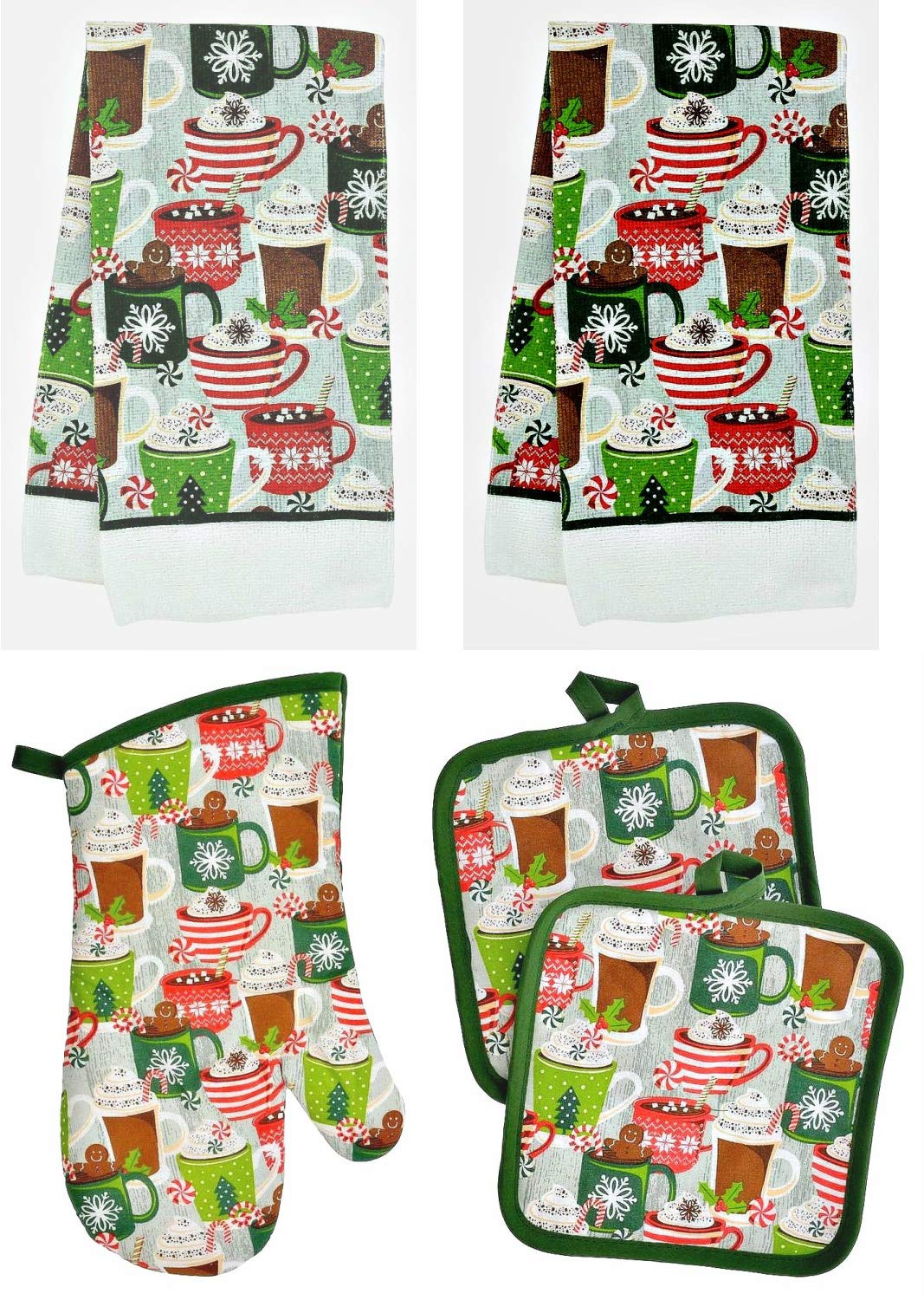 5-Piece Christmas Kitchen Linen Set with Holiday Mugs - Festive Dish Towels & Oven Mitts for Holiday Baking & Decorating